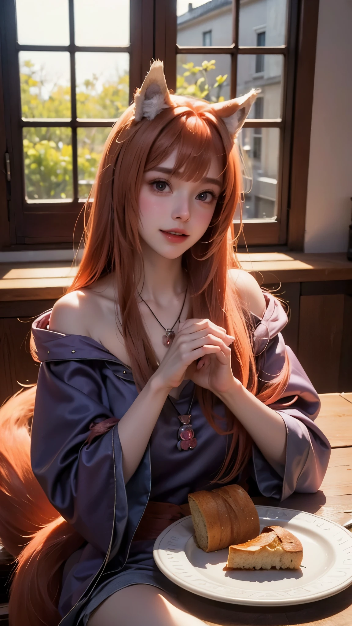 Landscape of a very beautiful 1girl, (((face exposed)))!!!, (((cowboy shot above the table)))!!!, upper body potrait, (((front focus))), (((both your hand on the table)))!, (((background Blurry))), Bokeh, lens flare, photography with Fujifilm XT3, depth of field, film grain, female focus, BREAK, holo/(from 'spice and wolf/), (((sit down at dining room_dining table)))!!!, (((bread on a plate)))!!!, (((wine in a glass)))!!!, (((flower vase and window at back)))!!!, ((light throught the window)), (looks at the audience with beautiful red iris like ruby)!, Ultra detailed eyes, (Beautiful light red iris pupil's eye's like ruby:1.40)!, Stars in her fixed eyes, (homochromatic eyes)!!!, (((warm smile_open mouth)))!!!, long sleevemouth, (thin fresh peach lips)!, (Blush)!, Perfect nose, Cute little nose, beatiful face, Face Clean, realistic Skin, hyper realistic, Perfect eyebrow appear through Light orange hair, ((Light orange blunt bangs)), bob hair bangs, (((ultra shine Light orange long smooth straigh hair)))!!!, (((((fluffy tail)))))!!!!!, (((animal ears over head)))!!!, (((pouch necklace)))!!!, ((dynamic composition)), BREAK, detached sleeves, (((close shoulders with dark blue cape)))!!!, /(((wear stylish outfit/)))!!!, (((pink long sleeves shirt_dark blue fur cape around her shirt)))!!!, Dark blue cape, plump breasts, (((plump breast covered with pink silk)))!!!, vivid color clothes, detailed realistic clothes, BREAK, Best Quality, Masterpiece, Ultra-detailed, Beautiful, hight resolution, Original, CG 8K, perfect photo, dramatic lighting, Beautiful lighting, (((Realistic photo above the table)))!!!, Realistic, Full HD, Best Quality, award winning, (8k wallpaper of extremely detailed CG unit), High Details, sharp-focus, The art of dramatic and photorealistic painting, (((((inside a diningroom)))))!!!!!, dynamic composition, breathtaking rendering, strong color, deep shadow