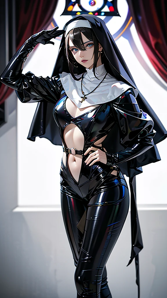 a woman dressed as a nun holding a rosary and a rosary, roupa de freira, modelo de freira, nun, modelo de freira looking up, using latex, wearing black latex outfit, latex clothes, latex dress, freira vampira, shiny latex, black latex, single scary female freira vampira, rubber and latex, e o mal agora, black latex suit, vestido preto brilhante, amante