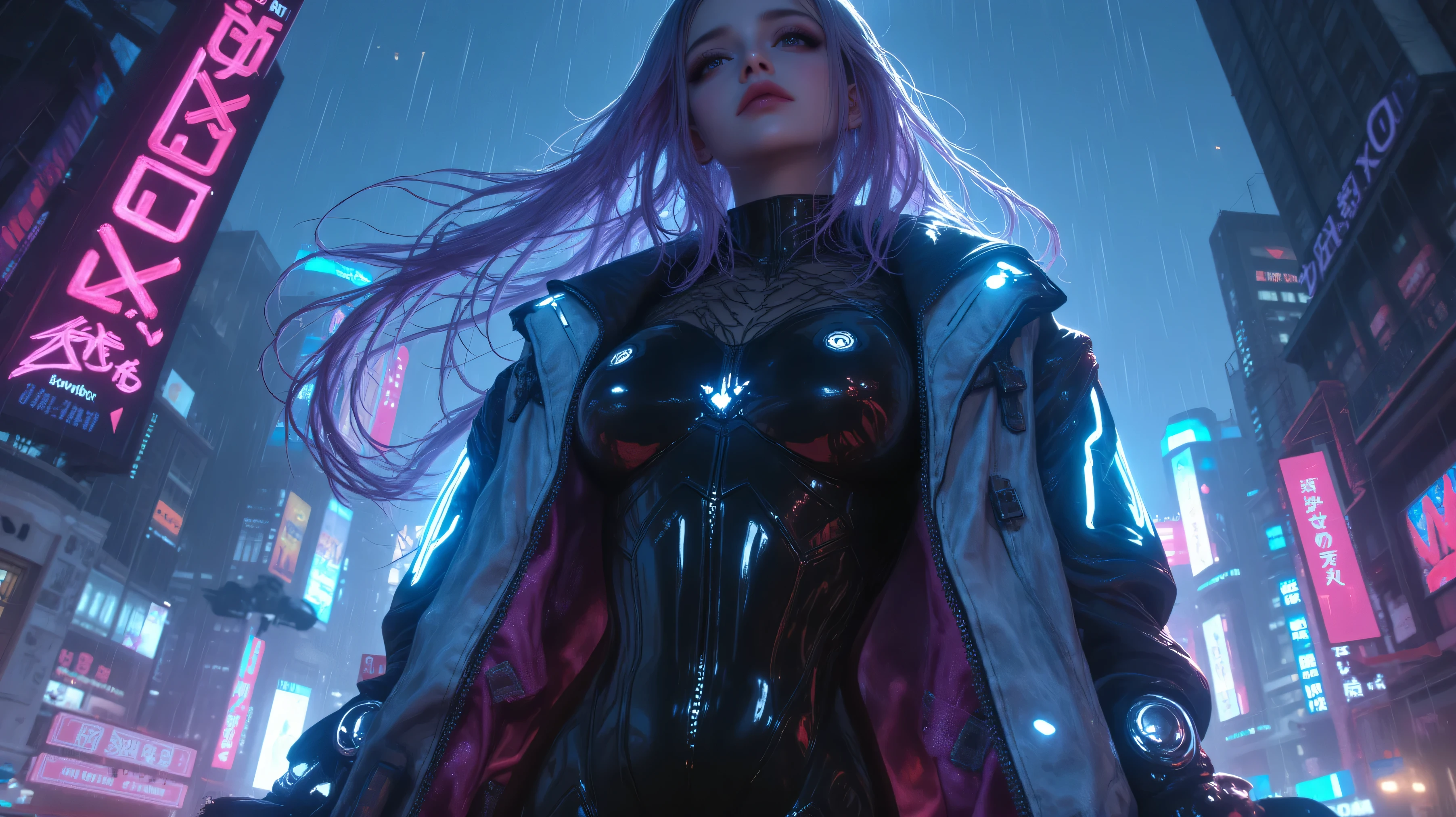 A full-body portrait of a futuristic cyberpunk woman standing in a neon-lit cityscape at night. She wears a sleek, high-tech bodysuit with glowing cybernetic implants and a stylish armored jacket. Her long hair flows with embedded LED strands, and her eyes glow with an augmented reality interface. She holds a futuristic weapon or holographic interface in her hand, exuding confidence and power. The background features a dense, rain-soaked metropolis with towering holographic billboards, flying vehicles, and neon reflections on wet streets. The scene is ultra-detailed, with cinematic lighting, a strong sci-fi atmosphere, and a blend of high-tech and gritty urban aesthetics.