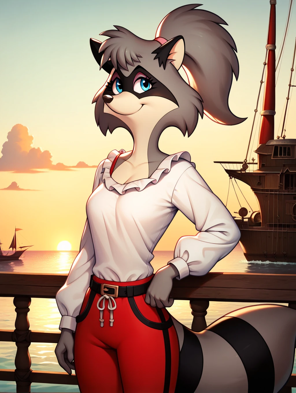 shark-самка, antro, Bottomless, wide hips, thick thighs, thigh high, a long tail, long ears, bandana, looking back, antro female wear unusual revolutionary clothes
, cartoon, back view, looking back over shoulder, brindle color, orange eyes, Solo Woman, From the left side, posing at the port, absurdity, a high resolution, ultra detailed, 1 girl, whole body, holding mechanical chainsaw
