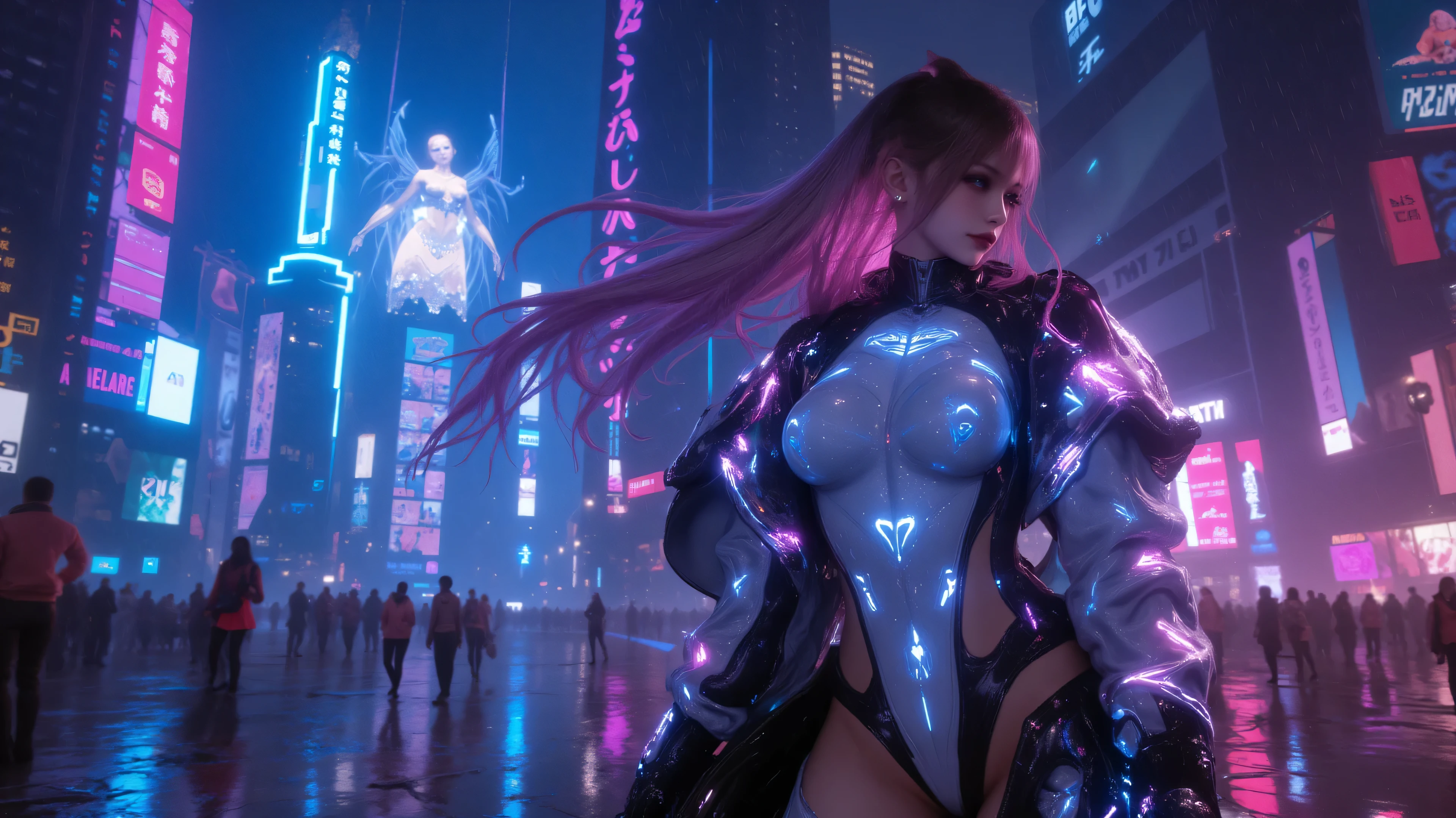 A full-body portrait of a futuristic cyberpunk woman standing in a neon-lit cityscape at night. She wears a sleek, high-tech bodysuit with glowing cybernetic implants and a stylish armored jacket. Her long hair flows with embedded LED strands, and her eyes glow with an augmented reality interface. She holds a futuristic weapon or holographic interface in her hand, exuding confidence and power. The background features a dense, rain-soaked metropolis with towering holographic billboards, flying vehicles, and neon reflections on wet streets. The scene is ultra-detailed, with cinematic lighting, a strong sci-fi atmosphere, and a blend of high-tech and gritty urban aesthetics.