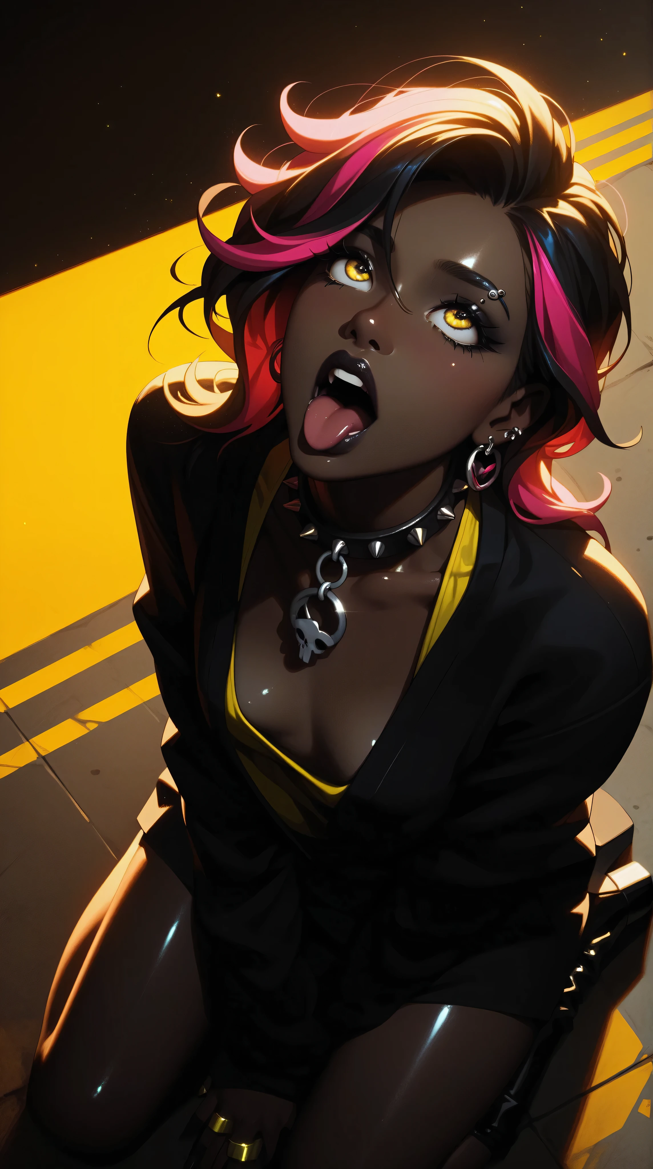 Kizi,Highly detailed, Amazing work,Vitreous luster,((clean backdrop)),In green,(((yellow colors))),blue color,pink colour,ahegao, Best quality at best,clean backdrop。goth, plunging neckline, kneeling, looking up, shiny skin, from above, masterpiece:1.5,