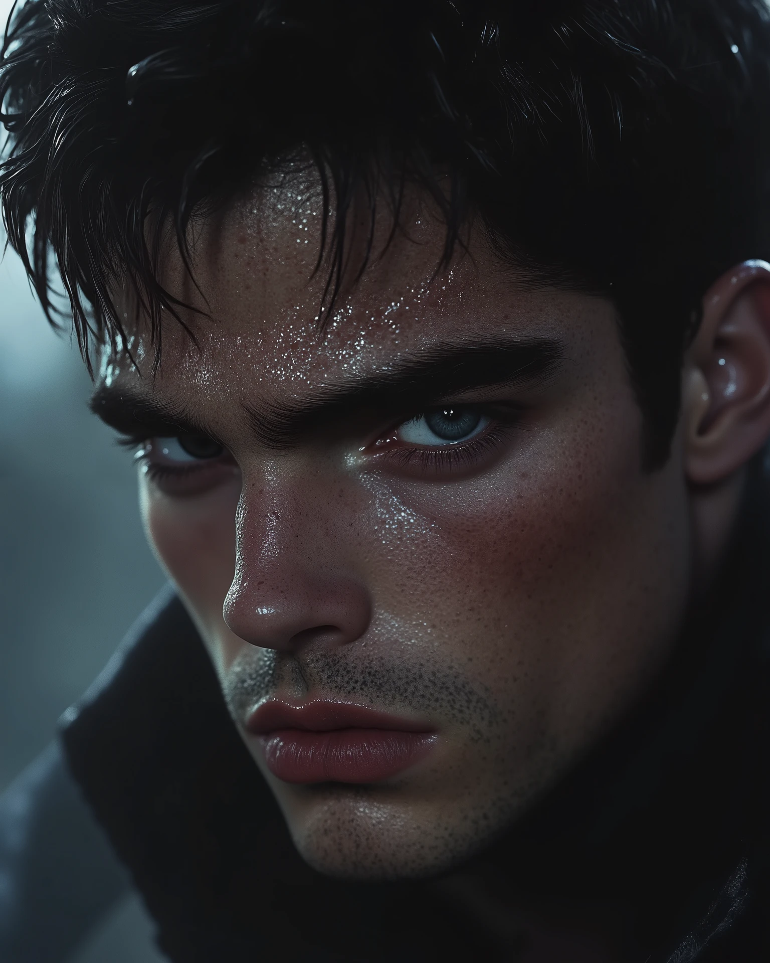 AN EXTREMELY HANDSOME YOUNG MAN with European traits ((Arabs)), black hair, storm gray eyes , . WITHOUT LIGHTING, night, night, night, night, dark, very late at night, MUY WITHOUT LIGHTING, WITHOUT LIGHTING, wet skin, Very wet skin , moist, shiny skin , digital art, High resolution , masterpiece, HD model, Detail, Altos detalles
La mejor quality, quality, alta quality, YOU CAN ONLY SEE HER GRAY EYES IN THE DARK AND YOU CAN SEE HER BEAUTIFUL UNREAL FACE A LITTLE DARK, symmetrical face, their eyes are the center of the image, shine brightly, showing their steel gray color