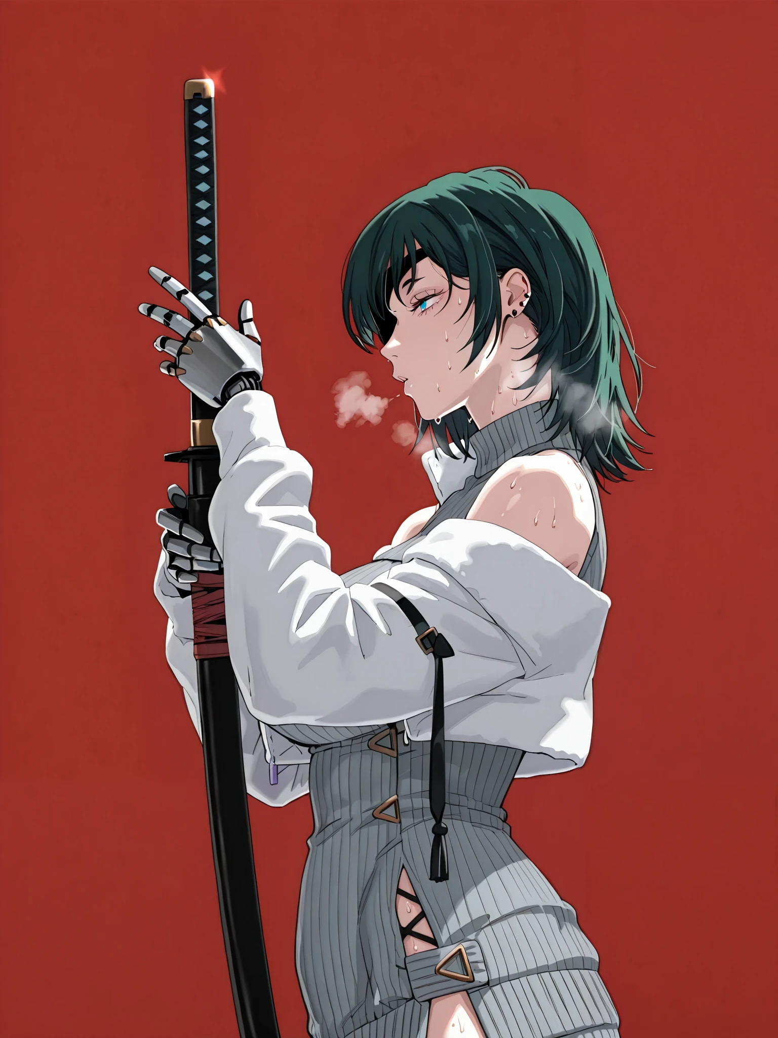 masterpiece, high quality, absurdres, best quality, very aesthetic, newest, anatomical correct, HD, 4K, digital art, trending on DeviantArt, gasping, heavy breathing, excessive sweating, sweating, sweating profusely, gasping profusely, cinematic, ((skindentation)), ((voluptuous)), himeno (chainsaw man), mature female, short hair, green hair, blue eyes, good eyes, medium breasts, eyepatch, (buta-style), 1girl, weapon, solo, sword, red_background, katana, holding_weapon, holding, simple_background, ear_piercing, sheath, holding_sword, mechanical_arms, profile, from_side, sheathed, looking_at_viewer, cyborg, white jacket, sweater dress, off shoulder, black short