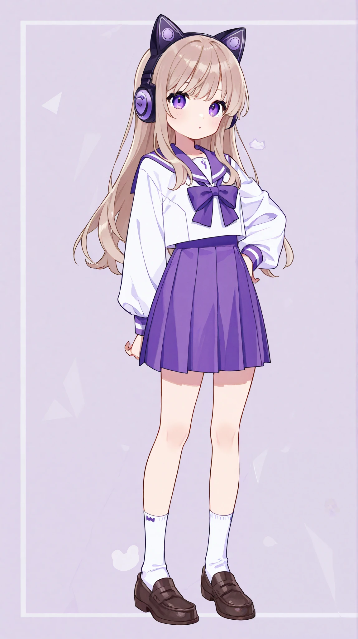 1 girl、 full body standing picture 、 Light Brown Hair、 long hair、 cat ear headphones、 purple eyes、purple and white sailor suit、 pleated skirt、 white socks、 loafers、 background is white、