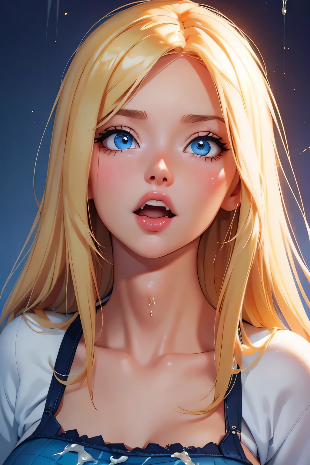 Photo. beautiful girl , blond hair , Blue eyes . Breast size 3 . height 174 cm . she is 23 years old . She is Ukrainian . She licks 5 dicks . Men are standing around her . She gets shot in the open mouth with cum . She opened her mouth wide . All her mouth covered in cum , all face in cum . she laughs . swallows sperm .
