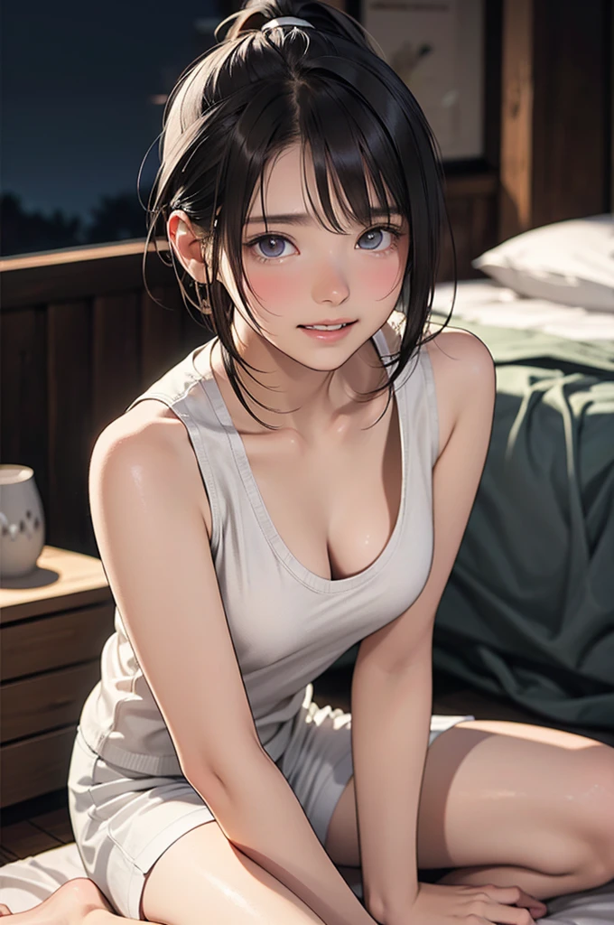 (art), (best quality), 1 girl, 18 years old, Cinematic light, 4k resolution, beautiful brown eyes, realistic, visible features, beautiful face, realistic, Anatomically correct, Highly detailed face and skin texture, Thin eyebrows, Eyeliner shiny, natural cheek, fair skin, bright lips, sunlight, shine, black hair, bangs, ponytail, medium hair, medium breasts, round breasts, t-shirt pulling, holding chest, tank top, legs crossed, black shorts, looking for the camera, sweet smile.