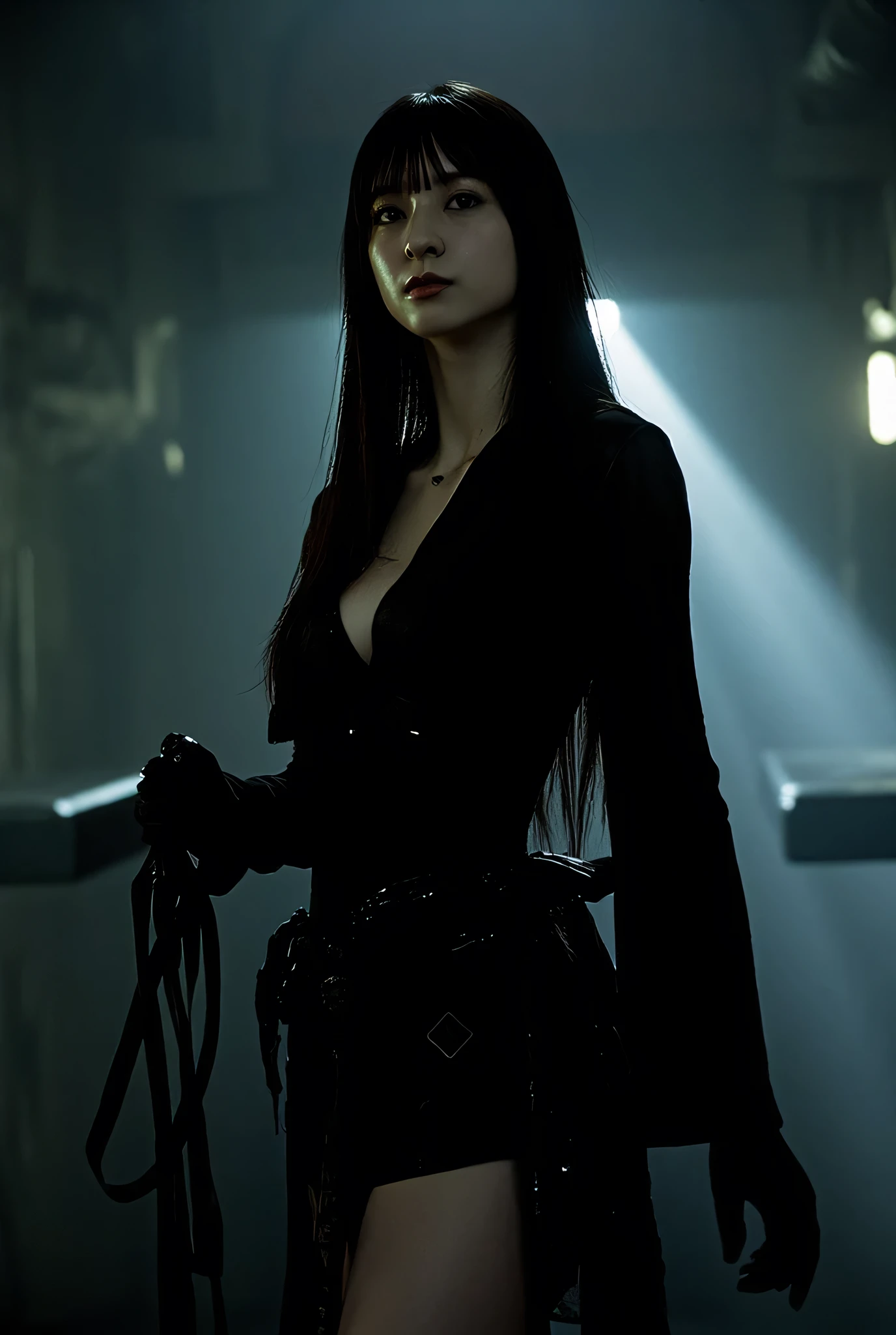 (((The dark interior of the Nostromo ship :2.0))),((( HR Gigger Style Cyberpunk Atmosphere :2.0))),(((Hold a cyberpunk-style Japanese sword:2.0))), standing,((whole body:2.0)), one woman,( cute face),(Beautiful well-balanced face ),(( natural big breasted :2.0)),( black hair:1.5),( beautiful eyes:1.3), glamorous shot of a 20 year old Japanese woman , Slender Beautiful Body ,(( model body type:2.0)),(( slim body with hot water:1.7)), perfect body line , ideal proportions ,(( big breasts:2.0)),((F cup breasts:1.5)),Big Breasts,Bare thighs, sensual thighs, delicate body,( Muscular:1.7),A harmonious posture,((Realistic breast depiction :1.7)), carefully depict limbs based on perfect anatomy,((Wear a samurai kimono-style military coat with an open front over a black super high-leg leotard :1.5)),(( is a super high-leg leotard made of camy-style latex that fits the body:1.5)),(( leotard that is tied from behind:1.5)),(ear monitor:1.5),((Tactical Holster:1.5)),( gloves:1.3), concept art,( top quality:1.5),( Masterpiece:1.5),(超高resolution),resolution,UHD,( delicate depiction), carefully drawn with butterfly wings ,32K,(( realistic skin texture:1.5)),((( Super realistic :1.5))), eyelashes, highly detailed faces,Highly detailed female hand,Sexy appearance,Very sensual,(Blurry Dim Backgrounds :1.5), professional photography,( Movie Lighting:2.0),(( Blade Runner Style Lights :2.0))