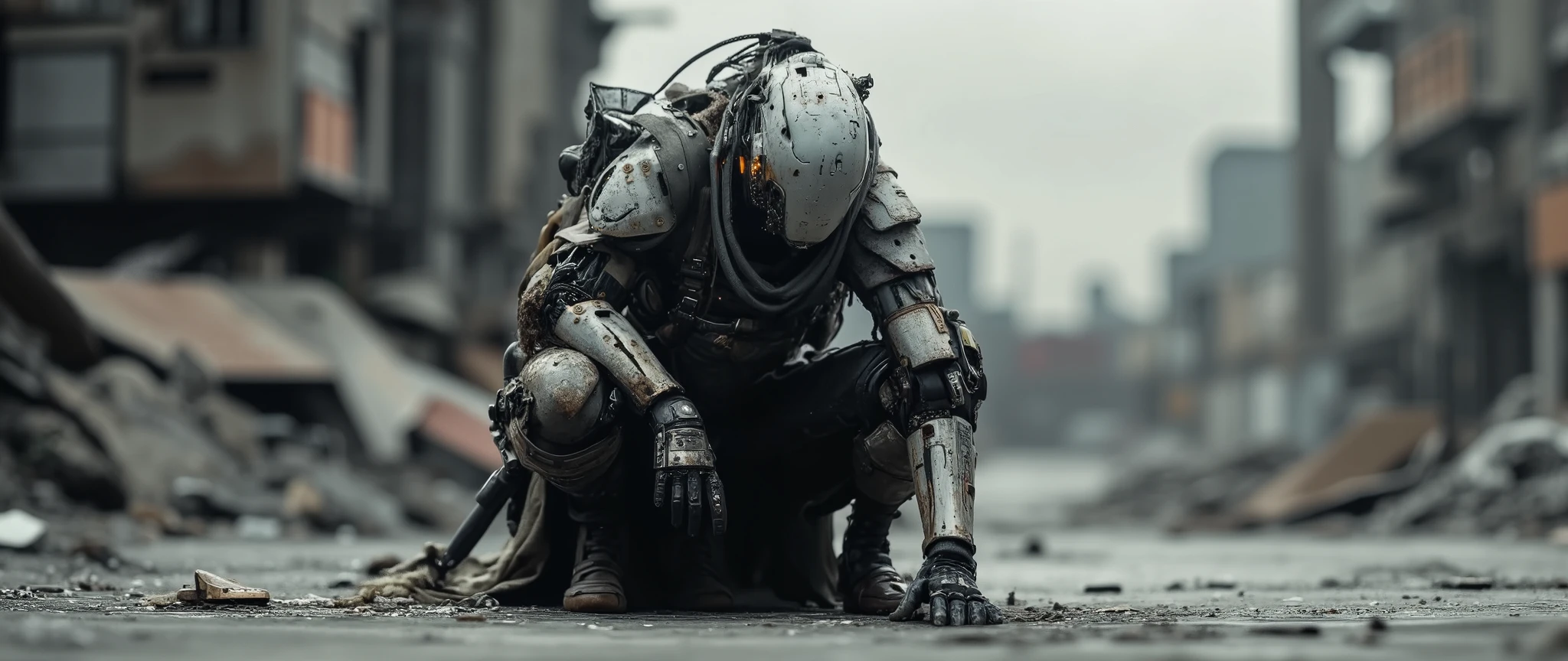 Recypu style, Cyberpunk highly detailed, high-resolution photograph. A futuristic, armored warrior crouching on a gritty, urban pavement. The subject's head is covered by a sleek, metallic helmet with a visor that obscures the face, giving an ominous, robotic appearance. The helmet is adorned with various sensors and lights, suggesting advanced technology. The warrior's body is clad in a full suit of advanced, high-tech armor, primarily made of a mix of metal and synthetic materials. The armor is heavily detailed with intricate circuits, joints, and mechanical components, indicating advanced robotics and cybernetics. The suit is predominantly gray with hints of black and silver, and it is adorned with various pouches, straps, and utility belts, suggesting a high level of tactical gear. The warrior's left hand is extended forward, showcasing a complex, mechanical prosthetic with multiple fingers and advanced articulation. The right hand rests on the knee, also with a prosthetic that appears more organic, possibly biological. A machine gun with a brown handle is sheathed on the warrior's back, adding to the military aesthetic. The background shows an industrial, urban environment with blurred, metallic structures and a gray sky, emphasizing the gritty, post-apocalyptic setting. The overall mood is intense and futuristic. sentinelbot. apoclypse