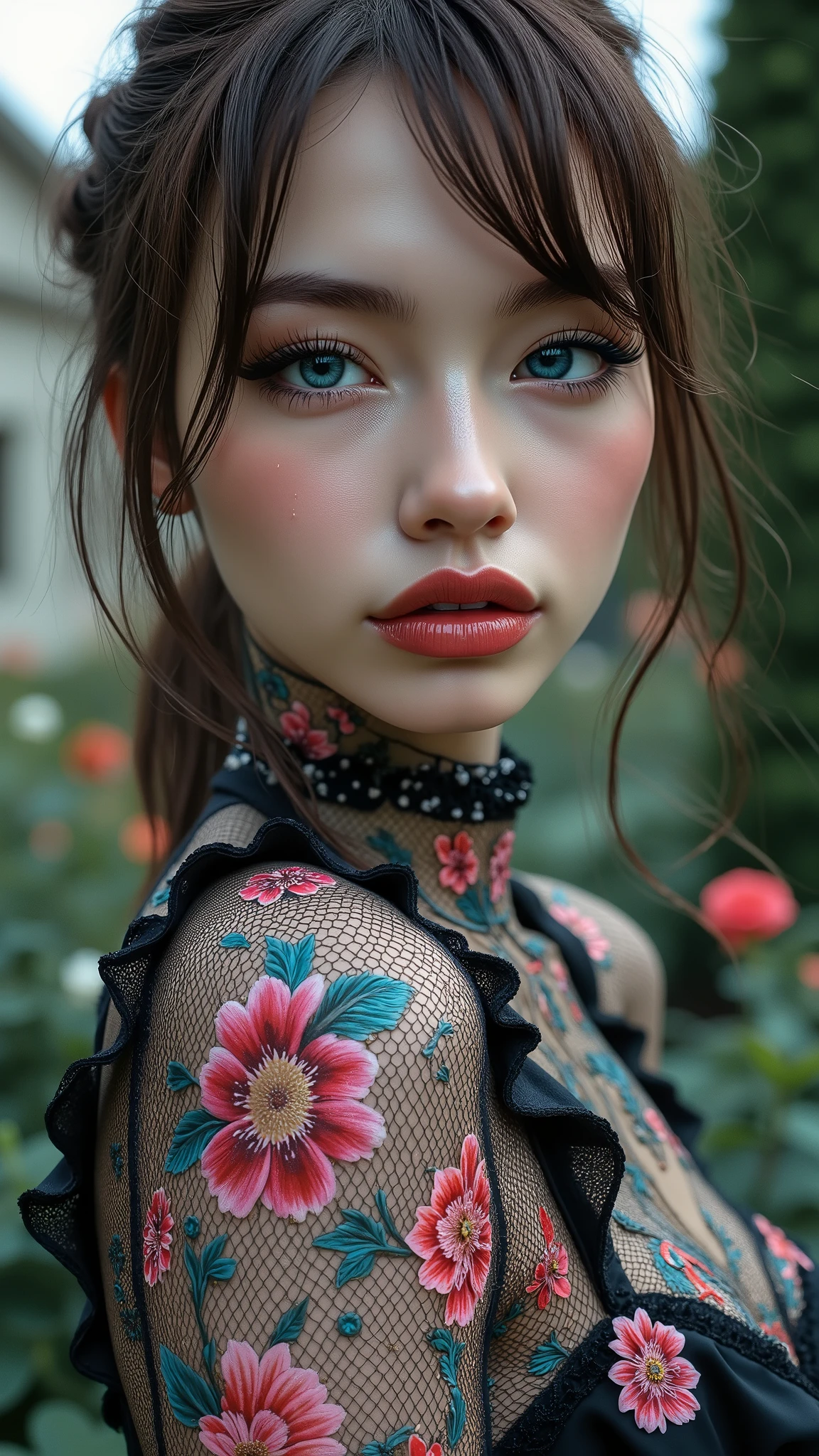 Realistic ((Photorealistic realism)), Hyper high resolution, ((Hyper insanel quality, epice masterciece, intricately detailed digital art)),((focus on extremely Realistic Proportion Body:1.3),"Portrait of {a woman with blue eyes, wearing a dress, standing in a garden}."(ultra realistic texture details: velvety skin, hair), ((sharp focus, no blurry eyes, Hyper absurd quality, Hyper details,Hyper realistic eyes:1.4)),((extra narrow eyebrows)),(Carefully draw Long blue_mascara:1.33),(perfect round eyes), (finely detailed pupils, (extremely fine details pupils)), detailed lips:1.3, (apply glossy red_lipstick:1.3), (perfect proportions:1.2), (White tight Dress made of lace fishnet), (Dolce & Gabbana, Floral style:1.26), (elegant fashion, intricate details:1.23), floral couture, (clothes made of silk and flower), (Wearing tight fitting dresses)), (black latex:1.25), latex bodysuit laced), (Intricately details multi-layer (Ruffled Black Gothic Punk Skirt), lace with fishnets:1.3), (white lace-up:1.3), Ultra intricate detailed,((she is the embodiment of beauty and allure, Dressed in a breathtaking and sophisticated floral bodysuit, elegant and sophisticated fashion:1.2)) dslr, high quality split lighting, sharp focus captured by Fujifilm XT3, f 5.6,(perfect composition),((look at the viewer)), HDR, UHD, studio lighting, physically-based rendering, vivid colors,