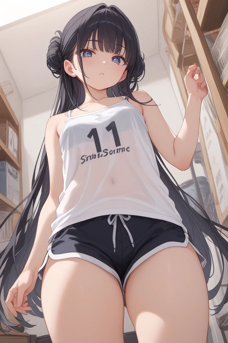 (((Pixel Perfect, Perfect detail))), (1 Girl, solo), takina inoue, long hair, bangs, black hair, (purple eyes:1.2), crop top, white socks, buruma, sports bra, sportswear, wristwatch, sports bikini, Sitting, (between breast:1.3), (Showing panties:1.3), whole body