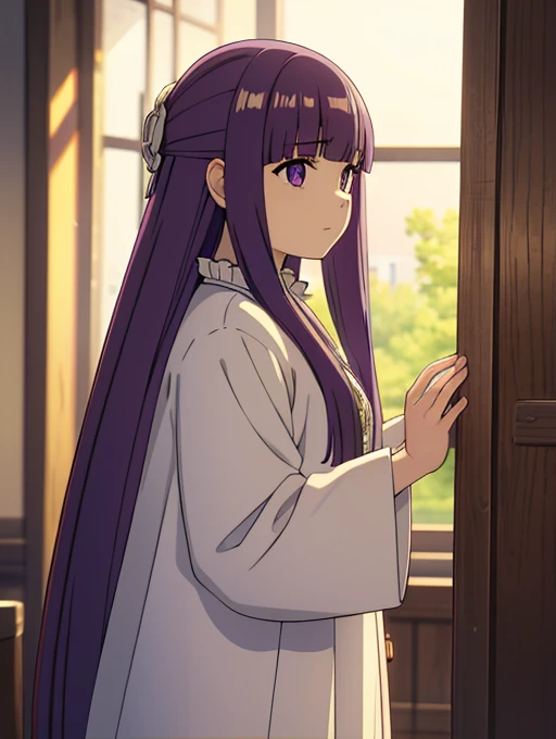 Is, 1 girl,Alone, purple hair, long hair,紫colorの目, Blunt Bang, side lock, half up, bright生徒, hair ornament, Frill collar , black robe , white dress , center frill ,button, wide sleeve , Long Sleeve, curvaceous, was taken by a cowboy, Brown Coat , from side,笑face,, sophisticated visual experience, high definition , masterpiece,Highest quality,, 20 years old, young woman, beautiful指, beautiful長い脚, beautiful体, beautiful鼻, beautifulキャラクターデザイン, perfect eye, perfect face, expressive eyes, Watch viewers, Official Art, Highly Detailed CG Unity 8k Wallpaper , perfect lighting, colorful, bright_Front _face_Lighting, shiny skin , ( masterpiece:1.0),(Highest_ quality:1.0), 超 high res,4K,超 high res, photography, 8k, high res, high res, is ridiculous:1.2, Kodak Portra 400, film grain with silk embroidery, blurry background, Bokeh:1.2, lens flare, ( vibrant_color:1.2), ( beautiful_face:1.5),(Narrow _ waist ),