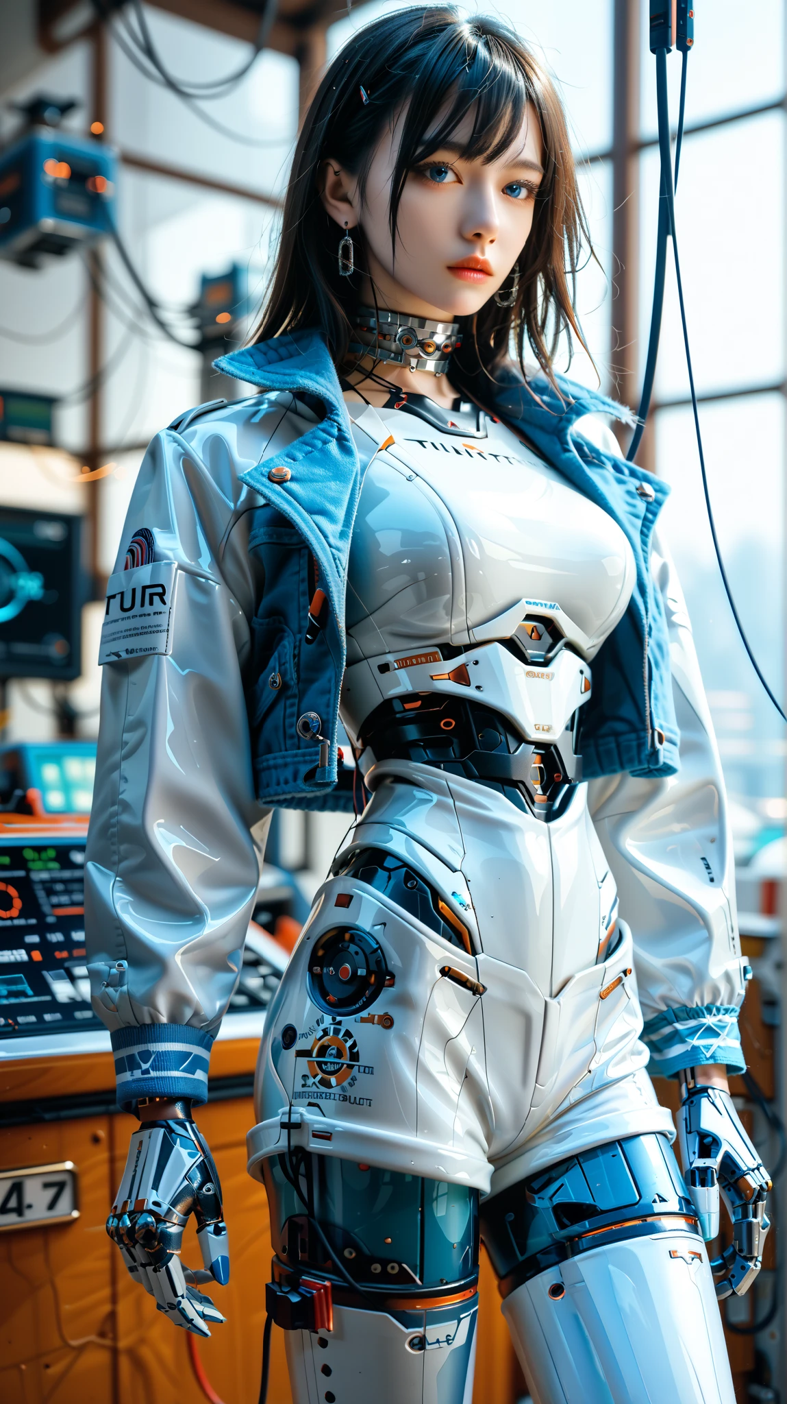 (((masterpiece))), (realism, realism texture, (science fiction, distant future), (top Quality, High Quality, top resolution, high resolution, (ultra detailed, high detailed))), (beautiful robot white latex racing model girl, she is incredible machine:1.3), (beautiful face), (thin lips, wide mouth), blue lighting eyes, (polished short shorts:1.3), (robot armor:1.2), machine frame, (blue metallic latex cropped jacket:1.3), (steel knee-high greaves, (mechanical hands)), (robot joint:1.3), (robot neck joint:1.6), (machine parts, electronic component, complete parts, wiring:1.3), frame of perfect machine, Expressionless face, (cowboy shot:1.5), (closed mouth), (junk yard), looking at viewer
