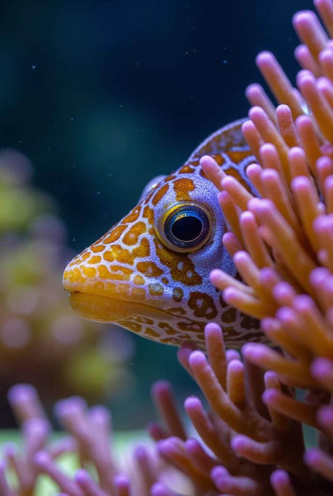 Macro photo , of a tite fish ,  near a colorful coral reef, masterpiece,  super detailed,  high quality,  high details,  Several awards, 16k,