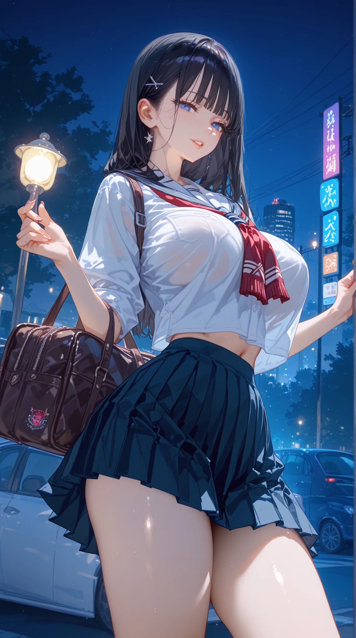 Night Park、high school girl、Mouth open in surprise、Panic look、、Large Breasts、Black bob hair、hairpin、A skirt flipped up by the wind、I quickly grabbed the back of my skirt.、Thin panties、Bystanders near the girl、Angle from directly below、Shoot in the back、、Dildo near the crotch、Hands near the buttocks、Knead