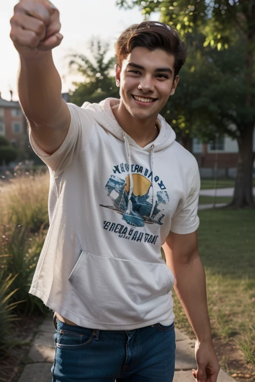 candid photograph, dg_Luis <lora:dg_Luis_v1:0.8> 18yo 1boy, stubble, , homoerotic, detailed realistic face, jacket, t-shirt, pants, autumn, laughing,