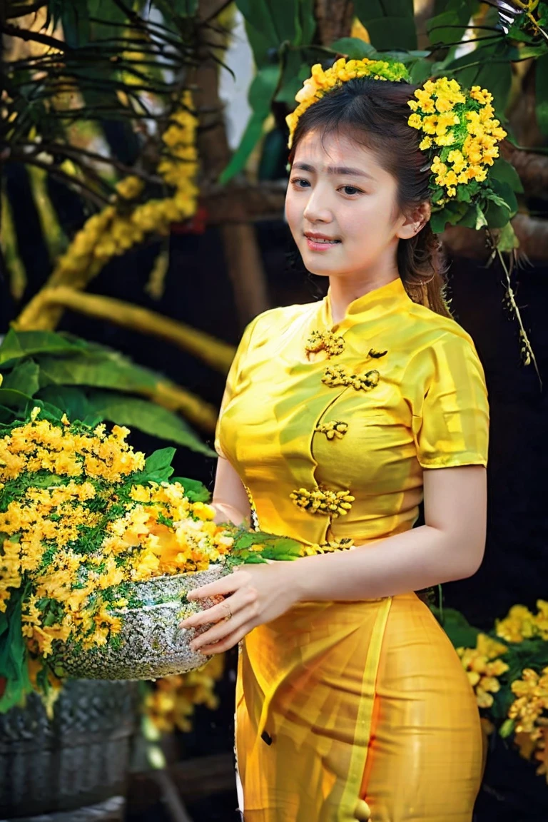 A beautiful woman in yellow Vietnamese longdress, standing in cherry blossoms garden, yellow daisy,