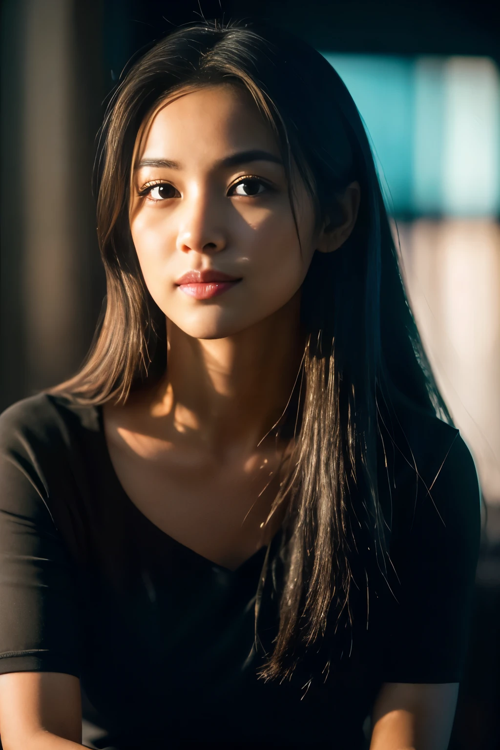 highest quality, epic realistic, ((in the pitch black darkness :1.4)), ((portrait:1.5)),(background: dark ) high contrast ,glorious picture, lowest lux, lighting face, she's comfortable, looks incredible, (8k, Raw photo, Highest quality),(epic realistic:1.5), a filipina woman, exotic beauty, brown skin, highly appealing to filipino males, standing full with hands on waist, face,(detailed eyes:0.8),(looking directly at the camera:1.4), (Highest quality), ( high contrast, deep shadows),Intricate details,cinematic,((skin:1.4)), (long dark hair:1.3), long hair, messy ,(Hdr:1.5),Detailed, colors, Superior quality, Masterpiece, Raw Photo (20-year-old, looking at viewer), beautiful, perfect, natural, perfect composition, portrait, perfect face, smiling expression, Captivating eyes, Bright details, Tight lips, (High Skin Detail),, (blue tint: 0.6), (sale: 0.8), (bloody: 0.7), Key lighting , (backlight: 0.5), Medium depth of field, Canon 5d, 50mm lens, f/4 apertures, (Ultra-detailed, Complex detail), sharp focus, soft colors, 8k, 80mm, bokeh background, photography, smiling, large , neon lights background