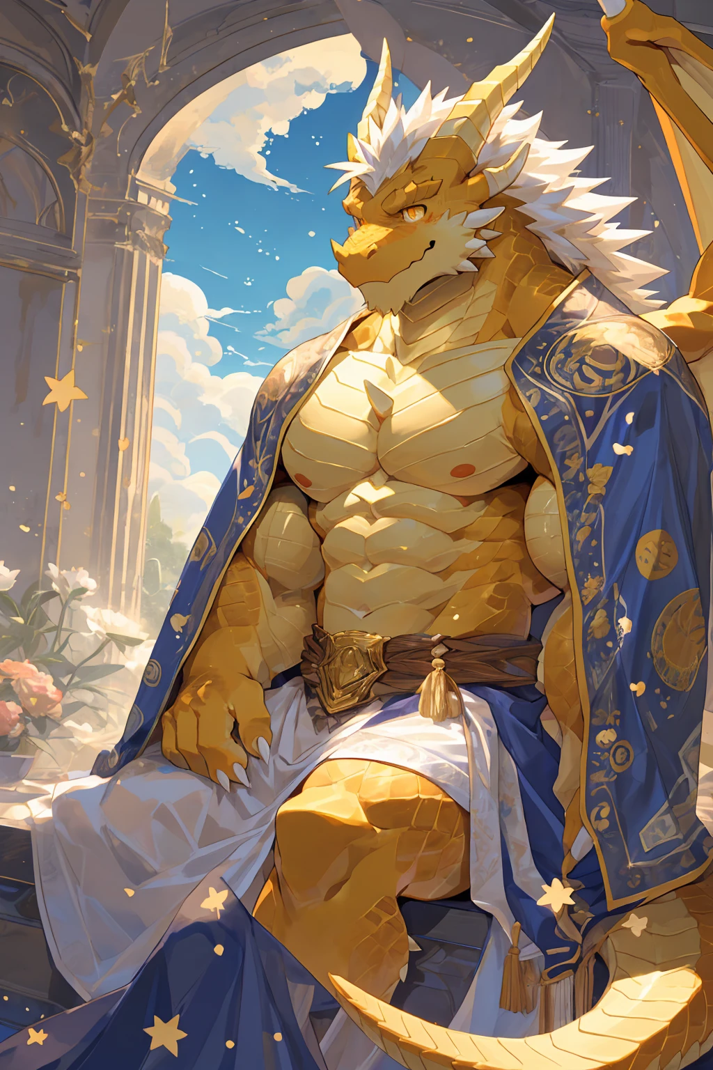 anatomy, human nature，((Gold dragon| Golden-white | blue eyes)),((A pair of blue horns))，(Kaneko),（White Horn）,(dragon:1.2),lying on side,White belly exposed ,perfect blue eyes,(Lean),No muscles,Lovely,young,male, Solitary,on the bed,sleep with eyes closed,machismo,((no decorations，No clothes，Wearing a sumo loincloth),in the room,,hip expansion,Perfect blue eyes,Pink blush on face，dragon tail ，By Bei Bei Bei Bei, by zackary911