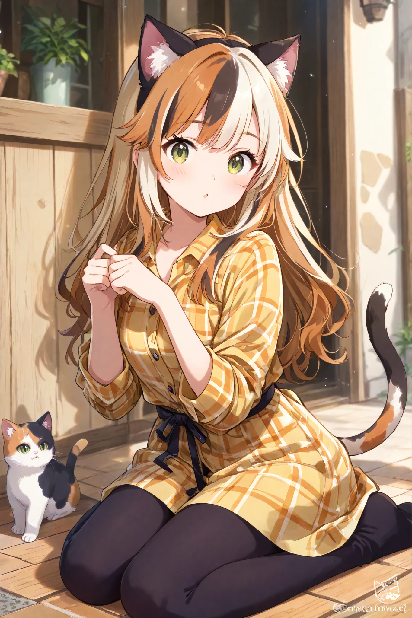 Cat demi-human, cat ears, cat tail, calico, yellowish green eyes, long hair, woman, flannel shirt, leggings