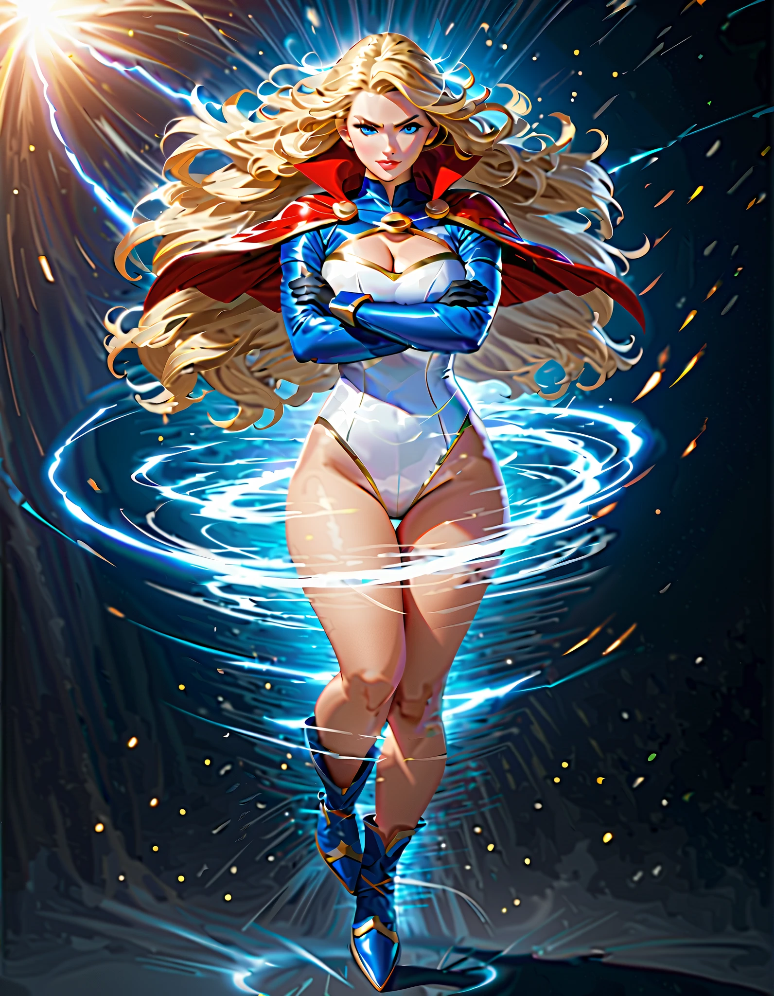 (masterpiece), (best quality), (highres), solo, highly detailed, bare legs, powergirlSDXL,1girl,short hair,blue eyes,blonde hair,large breasts,gloves,cleavage,thighs,high-waisted belt,cape,leotard,lips,clothing cutout,highleg,cleavage cutout,(highleg leotard,white leotard),red cape,blue gloves,superhero, (full body with costume:1.2), fixed hands. (fast spin, dynamic whirl pose, spins fast in place like a tornado, whirls fast in place like a tornado, tornado whirling, spiral lines around her, speed lines around her, spinning white energy pulses around her, storm winds around her, whirls into a tornado, (she whirls) at (super speeds)). full body costume design. curved sword slash. (she super-spins), (whirlwind), light particles. (crossed arms). time travel.