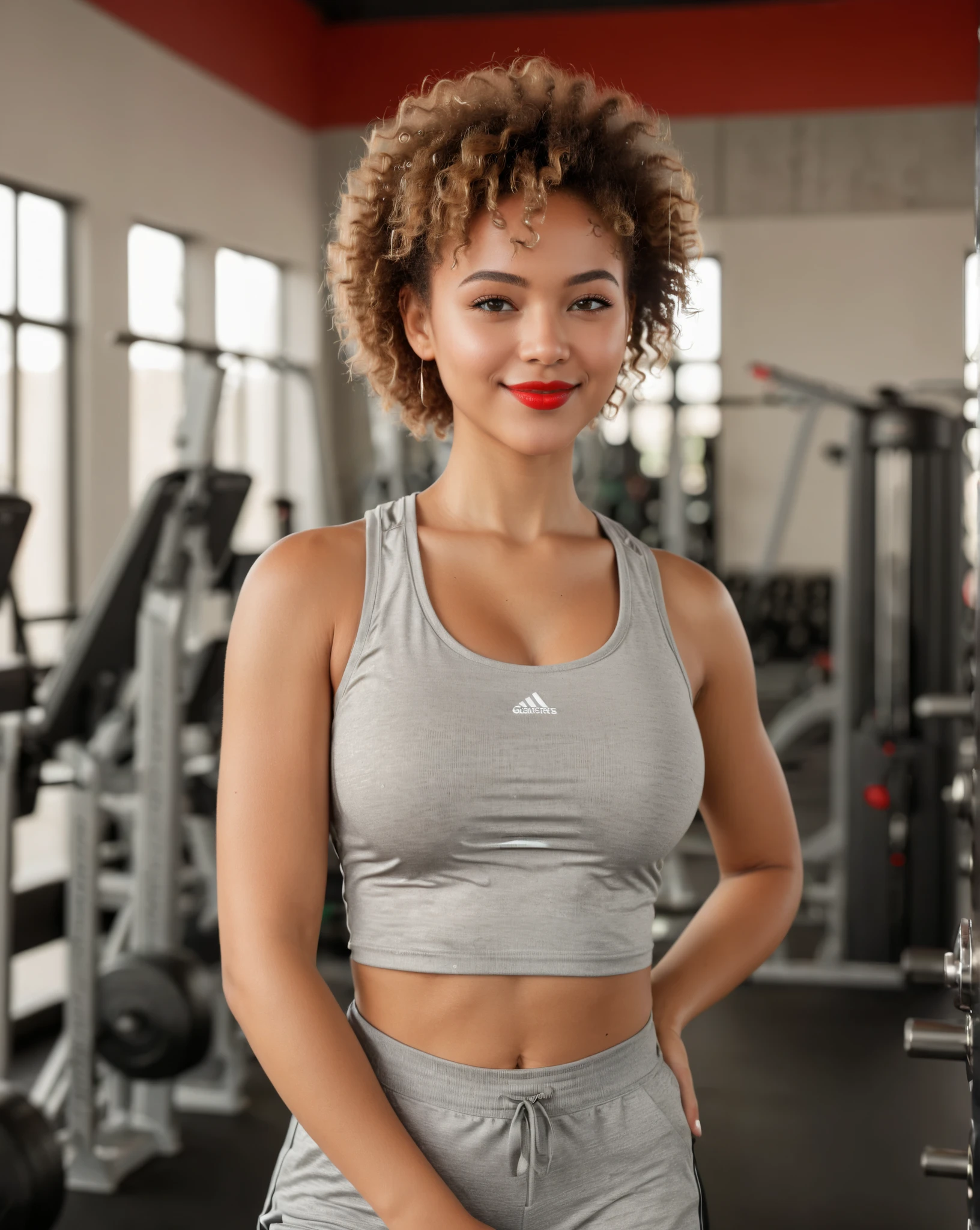 realistic, ultra-realistic, 8K resolution, portrait-like picture, early morning light, gym, side pose, light brown afro-textured hair, mixed-race girl with light but warm skin tone, slightly darker than average German tone, bright green eyes, light smile, soft eyes, warm and inviting expression, natural and serene, anatomically accurate, athletic figure, sensual and flirty, perfect nose, wearing a sexy trainer attire with a white tank top and deep decollete, clear and smooth skin, wearing bright red lipstick, natural make-up enhancing her features, blurred background, warm and inviting atmosphere, soft shadows, cinematic lighting