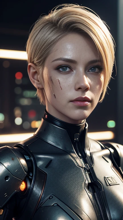 A beautiful cyborg lady short blond hair with dirty and damaged synthetic skin, rusty metal arms, cyberpunk, medium long shot, hyperrealism, photorealistic, 8k, unreal engine, 3d render, muted tone color
