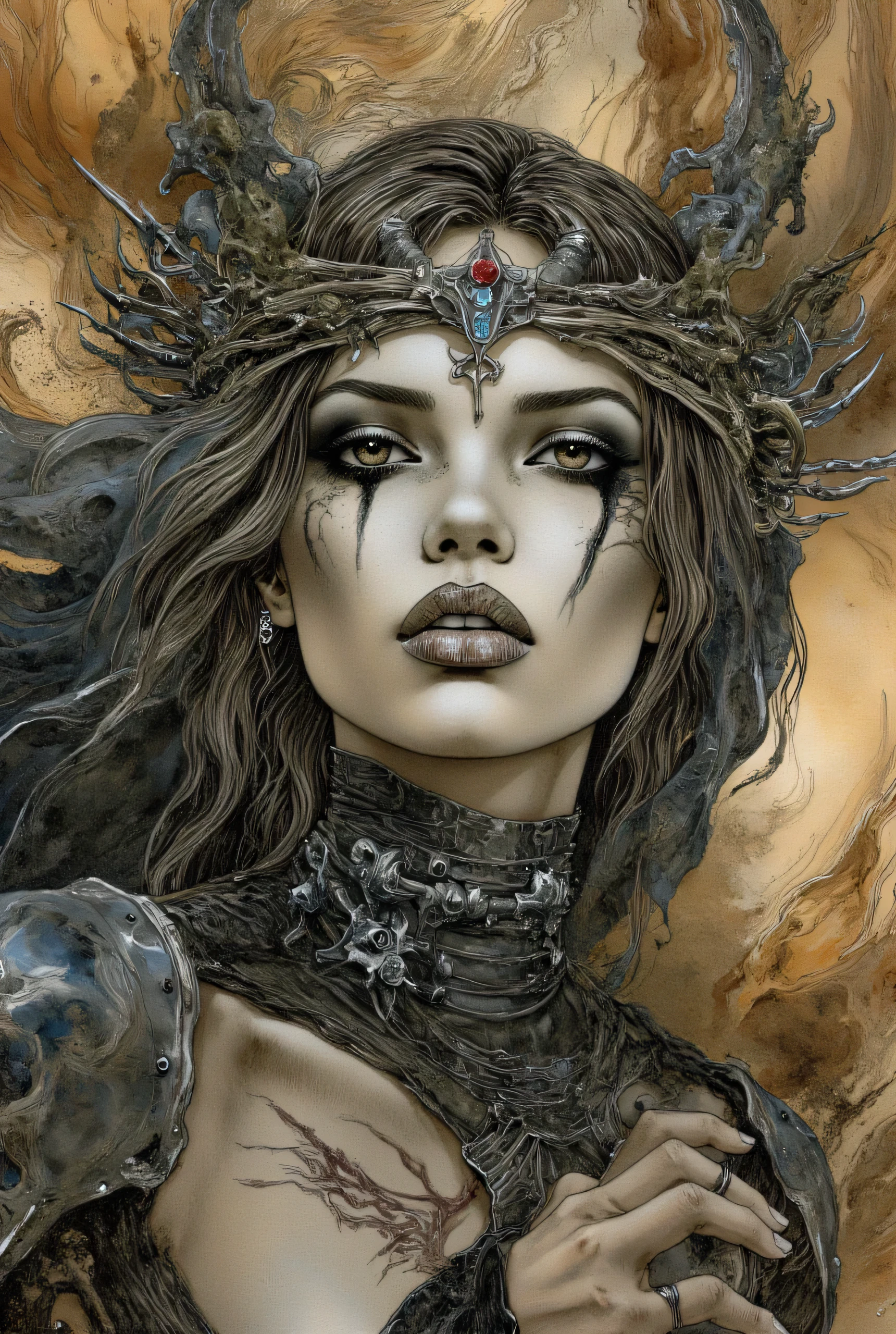 a picture of a woman with a wreath on her head, luis royo and alex ebel, in an art gallery, holy cyborg necromancer girl, inspired by Les Edwards, looks like young liv tyler, spiked metal armor, scarred! d&d, sold at an auction, artgasm, spiked. hyperrealistic porcelain texture, dramatic black eyeshadow, dark surreal aesthetic, gothic dreamlike atmosphere, smooth skin, artistic haunting style. A crown of metal thorns on the head.
The textures are finely detailed, from the smoothness of her skin to the softness of her hair, The artwork combines elements of fantasy and gothic styles, with a focus on intricate details and a sense of depth and movement. Inspired by Luis Royo