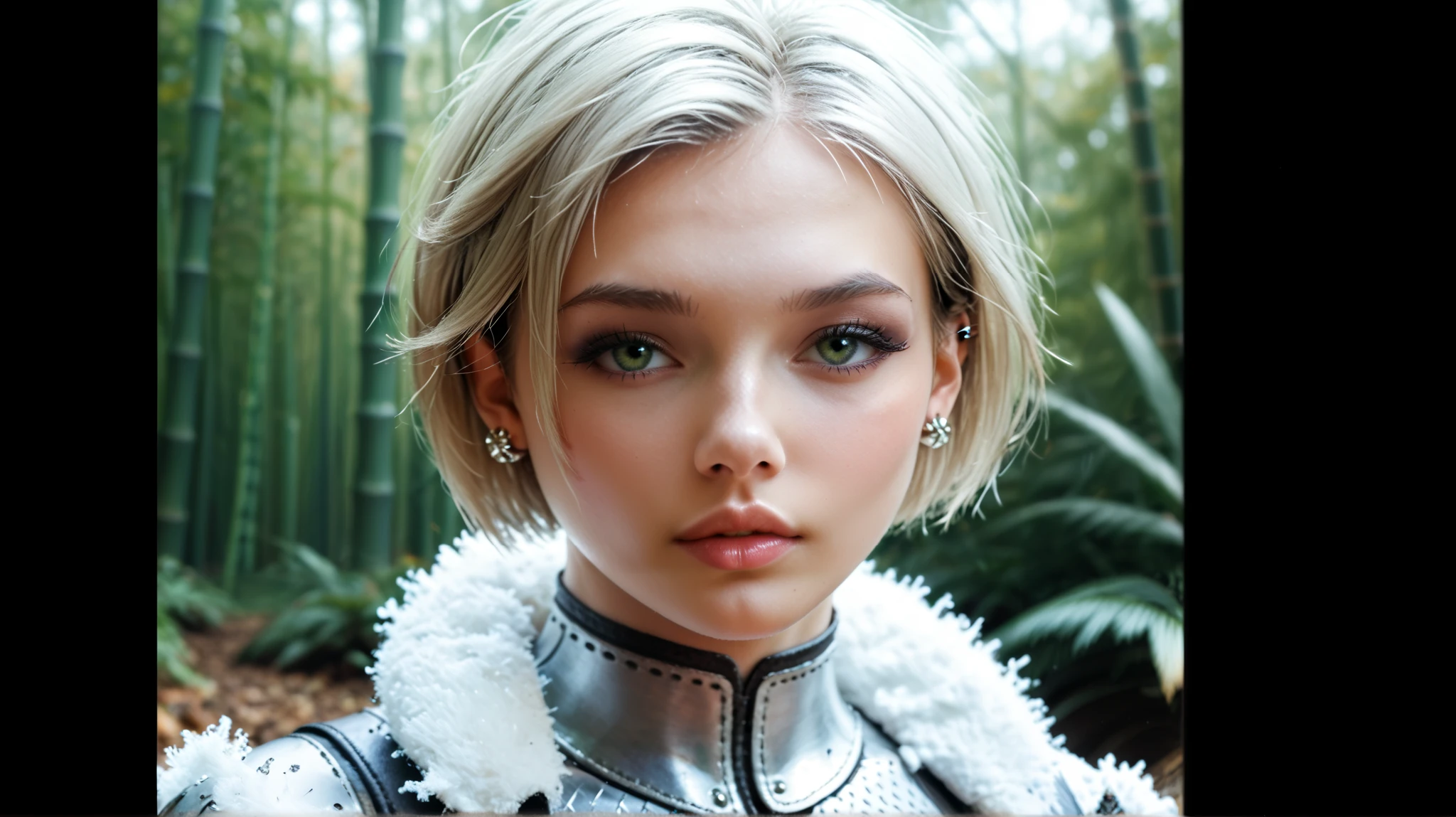 Gwen Tennyson,Yorha 2B,tracer,Jill Valentine,observe,Resident Evil , close-up, bamboo forest,tattoos, without panties, silver steel leather corset , short hair , punk makeup , green eyes, beautiful girl , big breasts,8 k,ultra detailed, realistic,fantasy art, Steel Armor ,cyborg armor,aviator shape ,pilot uniform,winter scarf , ear piercing , Japanese temple , gothic hand and neck jewelry ,to walk on foot,(Weather:leaves fall ), arc reactor , 1 girl,