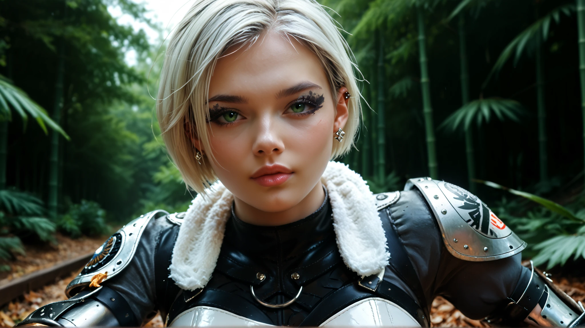 Gwen Tennyson,Yorha 2B,tracer,Jill Valentine,observe,Resident Evil , close-up, bamboo forest,tattoos, without panties, silver steel leather corset , short hair , punk makeup , green eyes, beautiful girl , big breasts,8 k,ultra detailed, realistic,fantasy art, Steel Armor ,cyborg armor,aviator shape ,pilot uniform,winter scarf , ear piercing , Japanese temple , gothic hand and neck jewelry ,to walk on foot,(Weather:leaves fall ), arc reactor , 1 girl,