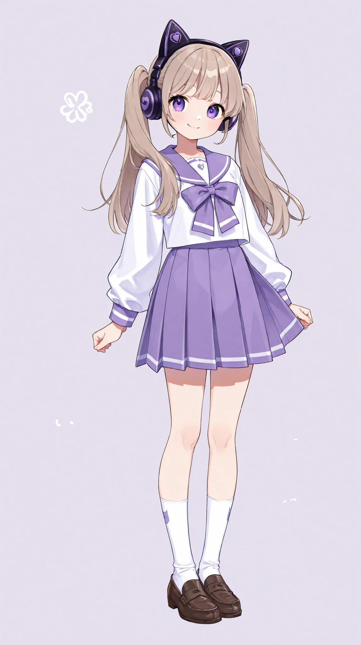 1 girl、 full body standing picture 、 Light Brown Hair、 long hair and twin tails、 cat ear headphones、 purple eyes、 Purple and White Sailor Suit、 pleated skirt、 white socks、 loafers、 background is white、 facing here 、 facing forward、 standing straight。smile、