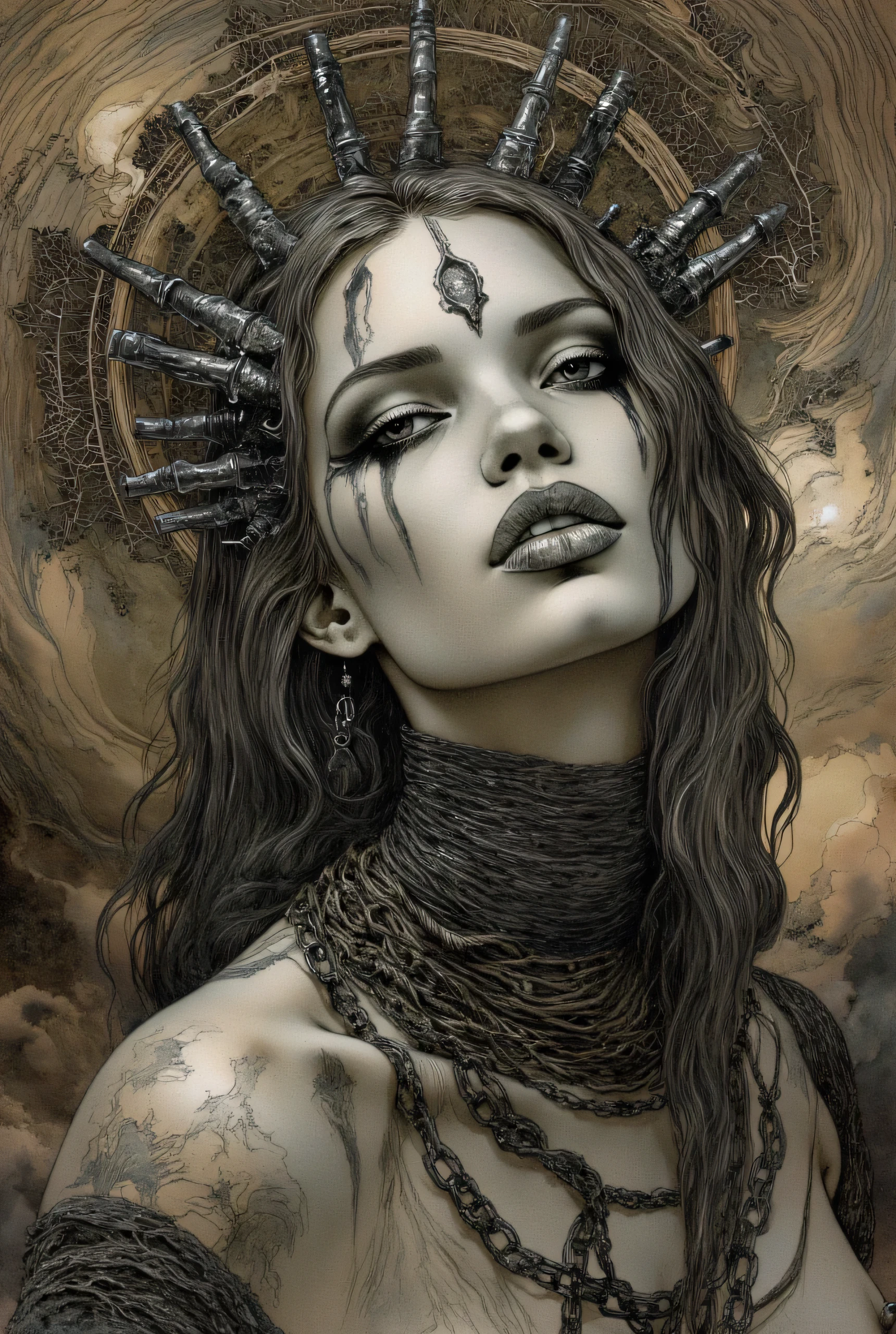 a slave woman, large chain tied to her neck, small metal tubes come out of her head forming a kind of concentric halo, close portrait, hyperrealistic porcelain texture, dramatic black eyeshadow, dark surreal aesthetic, gothic dreamlike atmosphere, smooth skin, artistic haunting style. A crown of metal thorns on the head.
The textures are finely detailed, from the smoothness of her skin to the softness of her hair, The artwork combines elements of fantasy and gothic styles, with a focus on intricate details and a sense of depth and movement. Inspired by Luis Royo