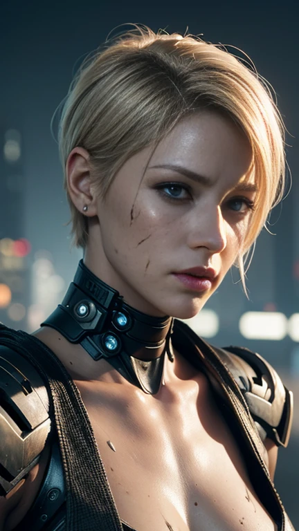 A beautiful cyborg lady short blond hair with dirty and damaged synthetic skin, rusty metal arms, cyberpunk, full shot, hyperrealism, photorealistic, 8k, unreal engine, 3d render, muted tone color