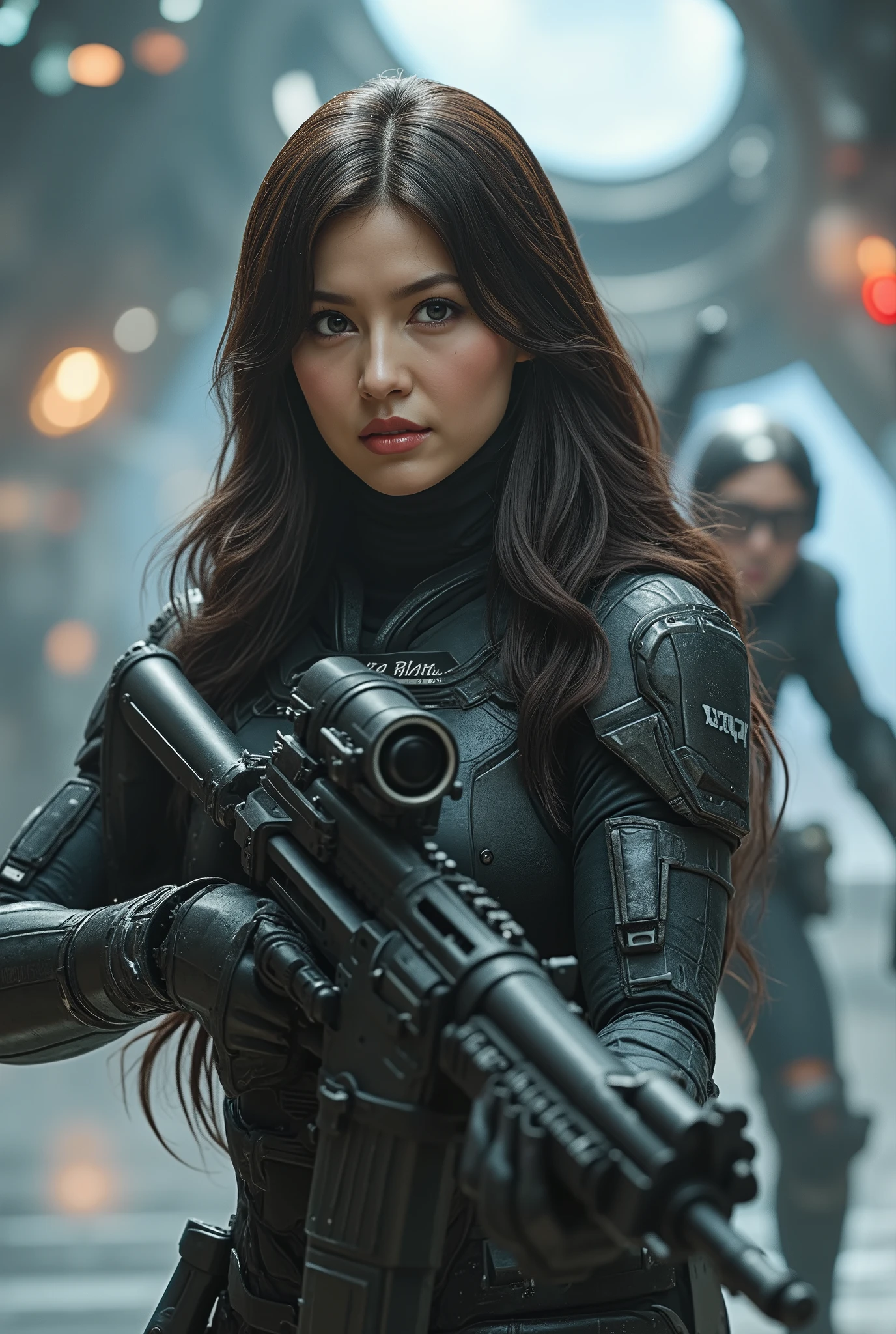 8k, UHD, Realistic, full body, Beautiful, captivating, female super soldier from 20 and Back project, facial mixed of Kim Ji-won, deep cleavage, depending the Kuiper Belt from Draconian, heavily armed, heavily armored, heavily advanced futuristic weapons, displaying her advanced weapons, based on Planet X, fighting reptilian armies, covering inside the spaceship, shooting form, battle form, prostrate in sniping form, show face, award winning, cowboy shot, fantasy art, photo realistic, dynamic lighting, artstation, poster, volumetric lighting, very detailed faces, Daphne written on her name tag, firing her weapon