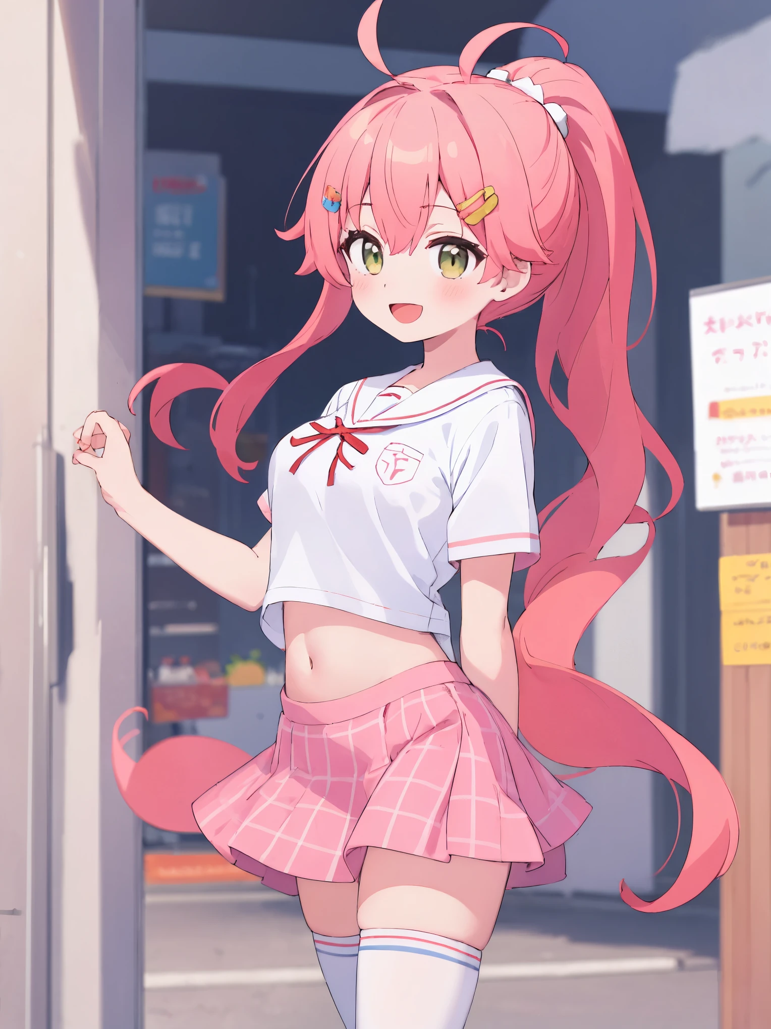 masterpiece, best quality, 1 girl, solo, MikoSchool,ahoge,pink_hair,(short_ponytail:1.3), hairclip, white shirt, sailor_collar, pink_skirt, plaid, white_thighhighs, short_sleeves,  looking through legs,big_smile,large_breasts,midriff,happy, excited,open_mouth,large_droopy_eyes