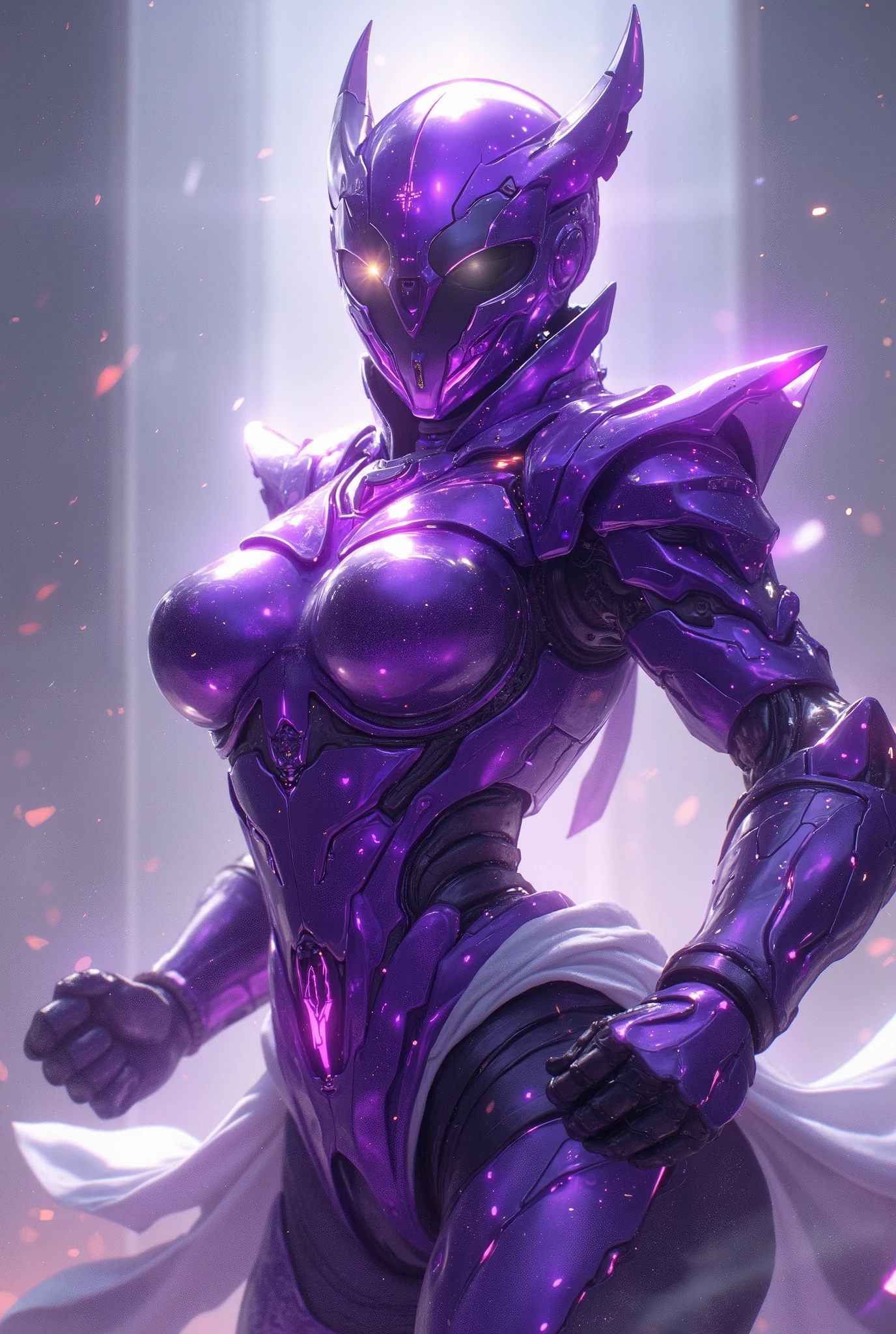 (Masterpiece:1.2), best quality, high resolution, Unity 8K Wallpaper, (super real illustration:1.0), Beautiful Details, very detailed on trends, perfect lighting, neon colored, very detailed on trends CG, Shine eyes, backlit, armor, fake_horn, Shine, full_armor, warframe, stunning humanoid_robot lady, (Martial arts fighting pose:1.5), horn, helmet, mask ,sample_background, arms, scary monsters, iridescent shiny purple and matte white_armor, Audience, alone, perspective, Anatomical accuracy, bold composition, cool fighting pose, Burning Fist, Exudes an aura