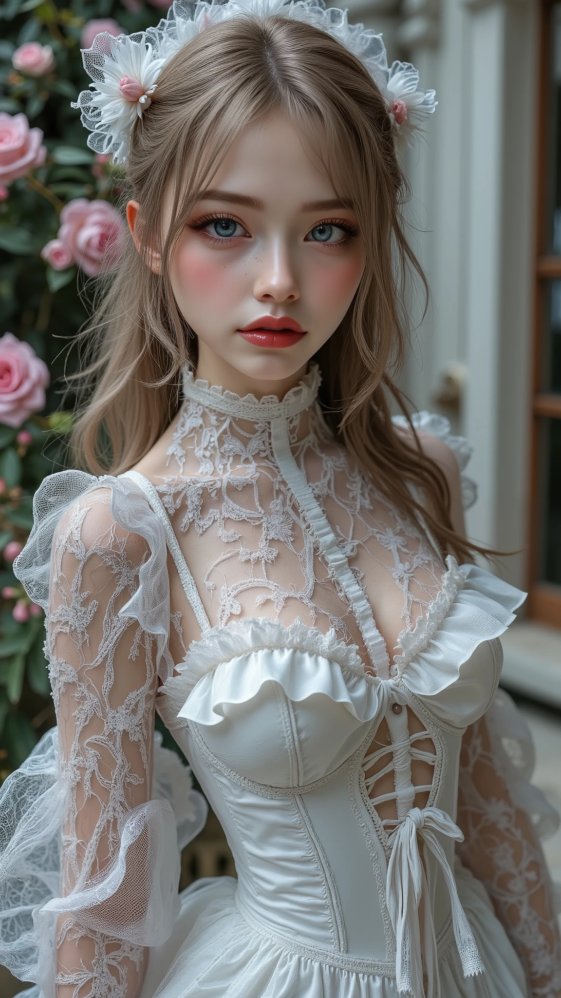 Realistic ((Photorealistic realism)), Hyper high resolution, ((Hyper insanel quality, epice masterciece, intricately detailed digital art)),((focus on extremely Realistic Proportion Body:1.3),"Portrait of {a woman with blue eyes, wearing a dress, standing in a garden}."(ultra realistic texture details: velvety skin, hair), ((sharp focus, no blurry eyes, Hyper absurd quality, Hyper details,Hyper realistic eyes:1.4)),((extra narrow eyebrows)),(Carefully draw Long blue_mascara:1.33),(perfect round eyes), (finely detailed pupils, (extremely fine details pupils)), detailed lips:1.3, (apply glossy red_lipstick:1.3), (perfect proportions:1.2), (White tight Dress made of lace fishnet), (Dolce & Gabbana, Floral style:1.26), (elegant fashion, intricate details:1.23), floral couture, (clothes made of silk and flower), (Wearing tight fitting dresses)), (black latex:1.25), latex bodysuit laced), (Intricately details multi-layer (Ruffled Black Gothic Punk Skirt), lace with fishnets:1.3), (white lace-up:1.3), Ultra intricate detailed,((she is the embodiment of beauty and allure, Dressed in a breathtaking and sophisticated floral bodysuit, elegant and sophisticated fashion:1.2)) dslr, high quality split lighting, sharp focus captured by Fujifilm XT3, f 5.6,(perfect composition),((look at the viewer)), HDR, UHD, studio lighting, physically-based rendering, vivid colors,