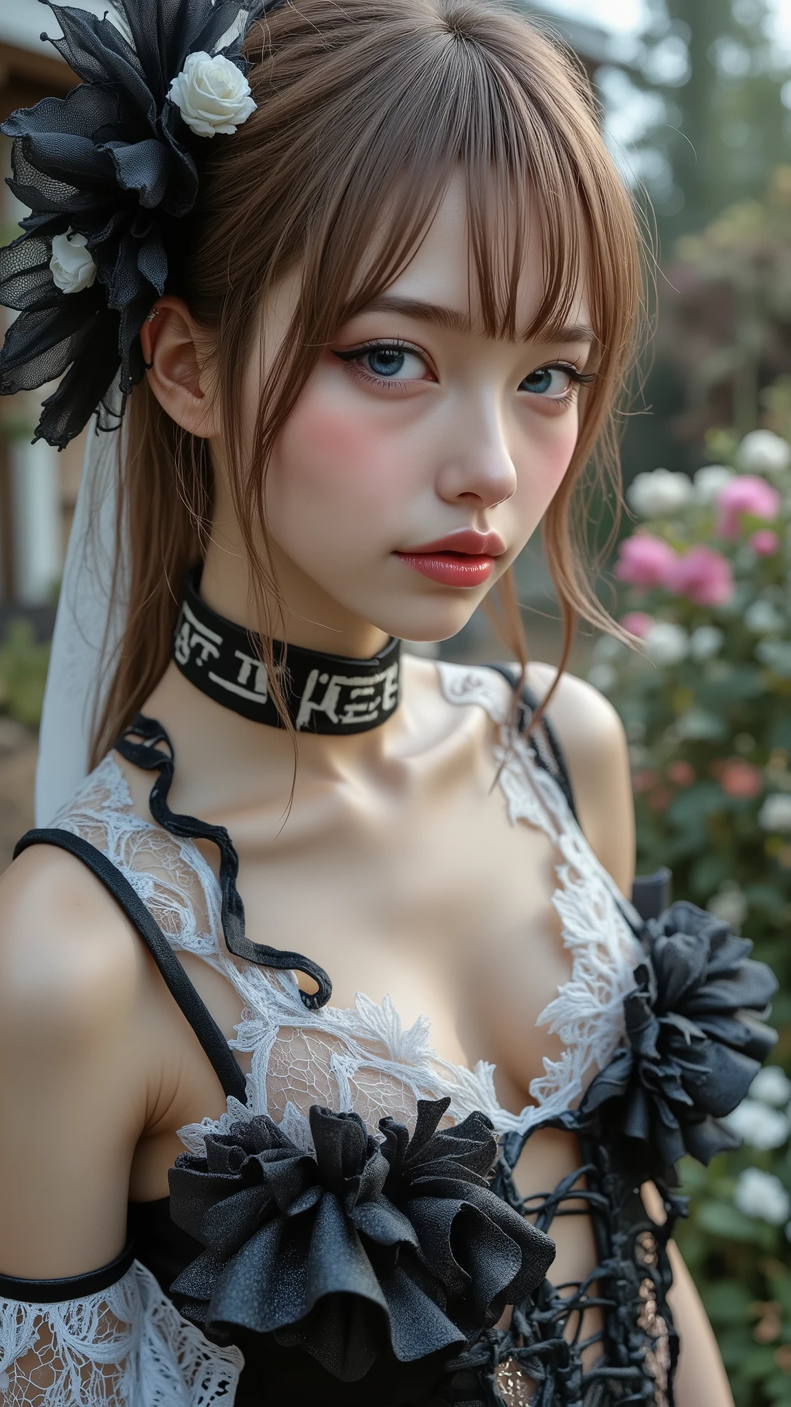 Realistic ((Photorealistic realism)), Hyper high resolution, ((Hyper insanel quality, epice masterciece, intricately detailed digital art)),((focus on extremely Realistic Proportion Body:1.3),"Portrait of {a woman with blue eyes, wearing a dress, standing in a garden}."(ultra realistic texture details: velvety skin, hair), ((sharp focus, no blurry eyes, Hyper absurd quality, Hyper details,Hyper realistic eyes:1.4)),((extra narrow eyebrows)),(Carefully draw Long blue_mascara:1.33),(perfect round eyes), (finely detailed pupils, (extremely fine details pupils)), detailed lips:1.3, (apply glossy red_lipstick:1.3), (perfect proportions:1.2), (White tight Dress made of lace fishnet), (Dolce & Gabbana, Floral style:1.26), (elegant fashion, intricate details:1.23), floral couture, (clothes made of silk and flower), (Wearing tight fitting dresses)), (black latex:1.25), latex bodysuit laced), (Intricately details multi-layer (Ruffled Black Gothic Punk Skirt), lace with fishnets:1.3), (white lace-up:1.3), Ultra intricate detailed,((she is the embodiment of beauty and allure, Dressed in a breathtaking and sophisticated floral bodysuit, elegant and sophisticated fashion:1.2)) dslr, high quality split lighting, sharp focus captured by Fujifilm XT3, f 5.6,(perfect composition),((look at the viewer)), HDR, UHD, studio lighting, physically-based rendering, vivid colors,