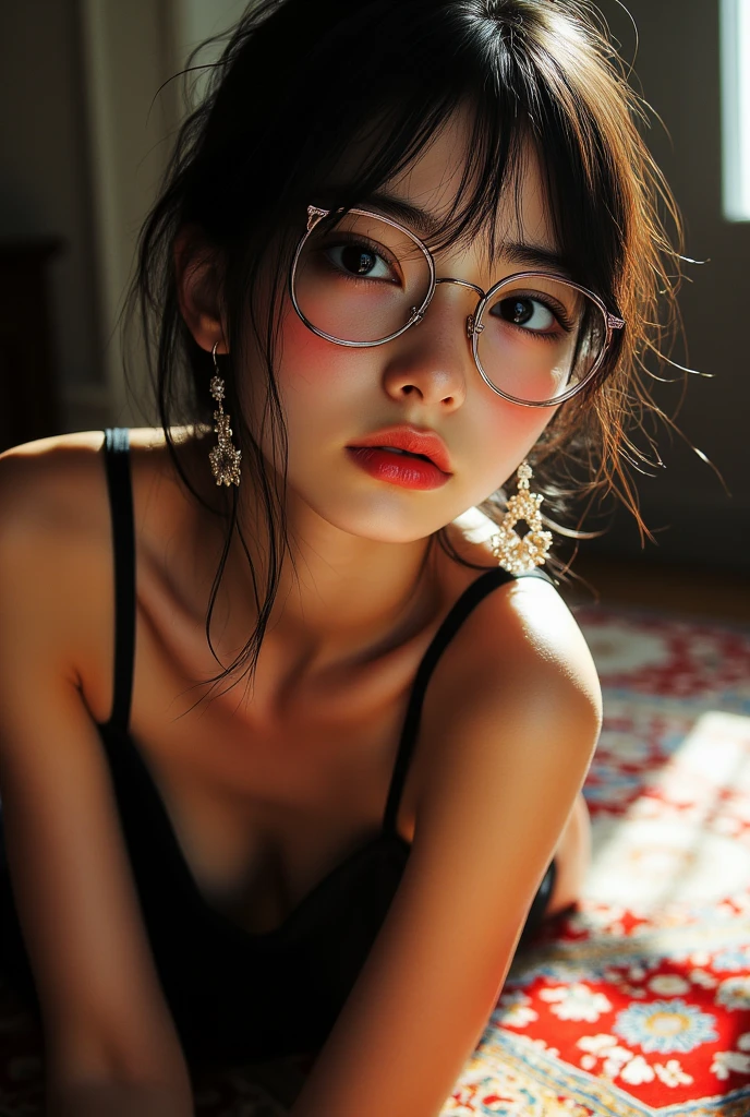 (( top quality)), ((傑 top quality、 Masterpiece、High sensitivity、 high res、 detailed depiction of up to the front door、 delicate face depiction ))Slender Woman、Woman with glasses、 short hair、 star earrings 、 Party Dress、 on all fours、On a Persian carpet、