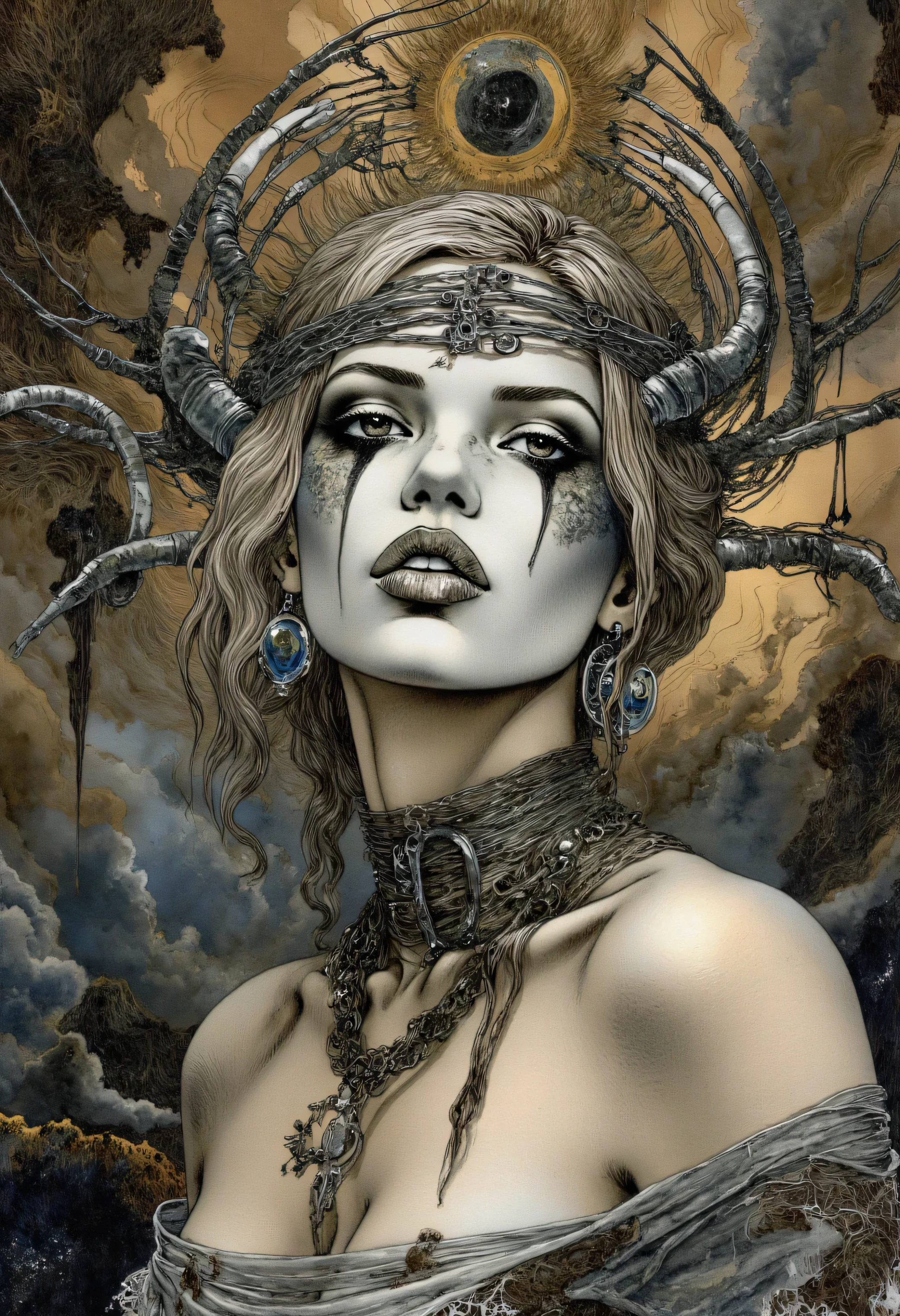 a woman, one piece slave collar with a large chain attached, small metal tubes come out of her head forming a kind of concentric halo, close portrait, hyperrealistic porcelain texture, dramatic black eyeshadow, dark surreal aesthetic, gothic dreamlike atmosphere, smooth skin, artistic haunting style. A crown of metal thorns on the head.
The textures are finely detailed, from the smoothness of her skin to the softness of her hair, The artwork combines elements of fantasy and gothic styles, with a focus on intricate details and a sense of depth and movement. Inspired by Luis Royo