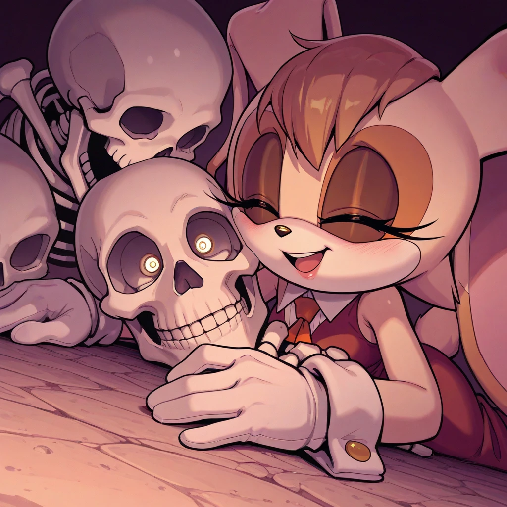 Score_9, Score_8, Score_7, Score_6, gadget, cartoon, sitting on the floor, looking at viewer, surrounded by two skeletons posing between a realistic plastic doll holding a large penis, highest quality, film grain, Fujifilm XT3 , (highly detailed skin), (((group of skeletons together holding hands, figure with hourglass curves