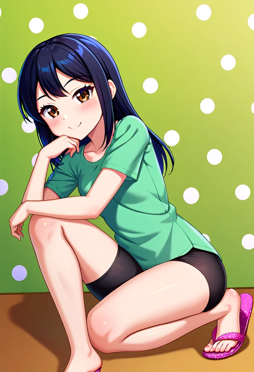 masterpiece,best quality,ultra detailed, best illustration, nsfw, 1girl, black_hair, bangs, long_hair, hair_ornament, blunt_bangs, blush, green_eyes, hairclip, aqua_eyes, KK-70, blue one-piece swimsuit,