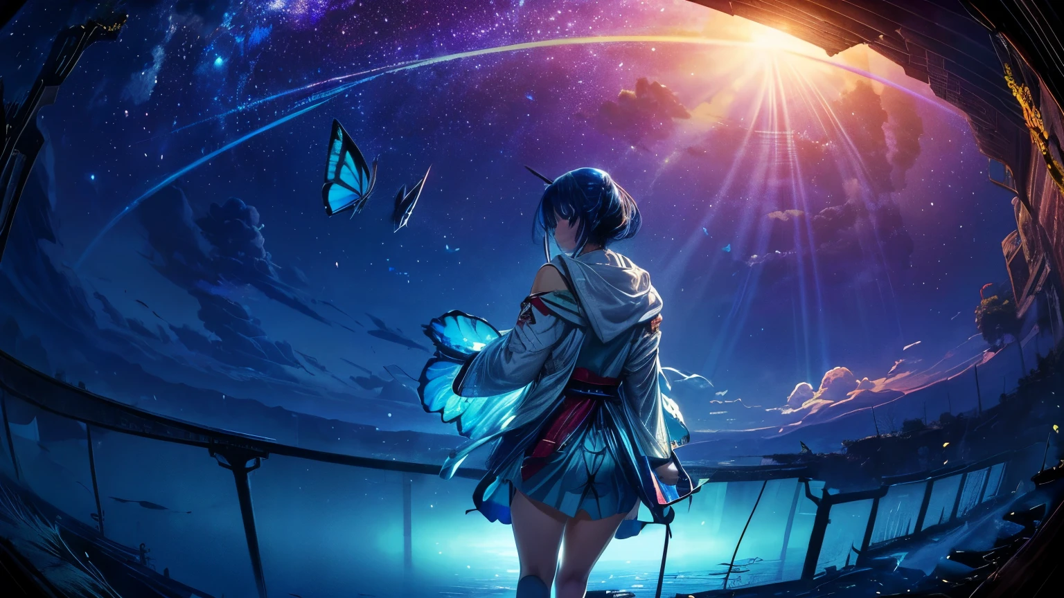 超 high definition, high definition, high quality , Spectacular Scenery ,(((A large group of cobalt-blue morpho butterflies flying around on the water)), star空を見上げている. 彼女をカラフルなstar雲とカラフルな森で囲みます. shot with a fisheye lens ,((( mystical atmosphere ))), Beautiful Sunset , Majestic Atmosphere, Milky Way, star, star屑, Milky Way, 流star,