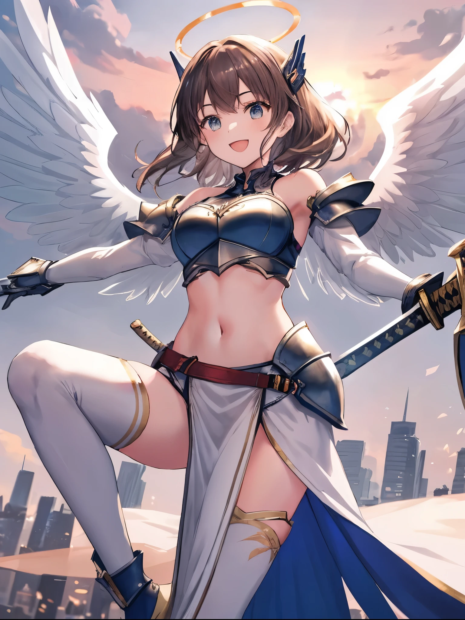 fantasy, 1angel_girl, teen, brown_hair, ponytail_hair, (dark_skin:1.1), bare_shoulder, navel, thigh,silver_shiny_armor, white_clothes,waist_armor, glebe, hold_swords, big_tits, angry, dynamic_fighting_pose, floating, (1pair_white_wings:1.2), sunrise_city_background,(pelvic_curtain:1.3), headgear, large_ass