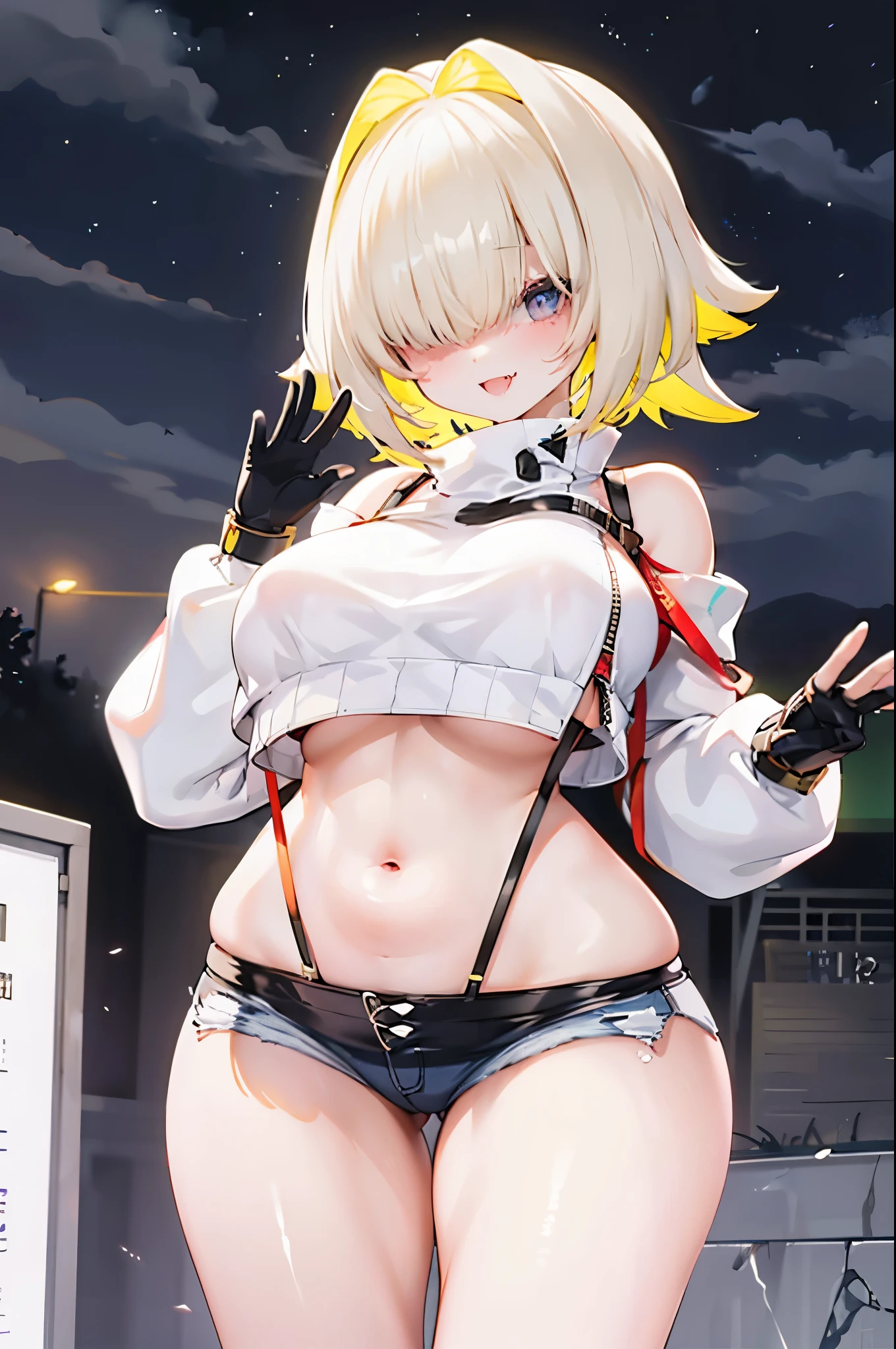 score_9, score_8_up, score_7_up, source_anime BREAK 1girl, solo, elegg, short hair, bangs, hair intakes, multicolored hair, hair over eyes, crop top, bare shoulders, long sleeves, suspenders, midriff, navel, short shorts, thigh strap, multicolored_gloves, large breasts, looking at viewer, thick thighs, (plump:0.5),(plump_lower:0.7), standing, smug, waving,
,future_city_background,night,under_breasts,lighting, (sharp_glance:0.2),nihil_smile,fang, pockets_protruding_from_shorts