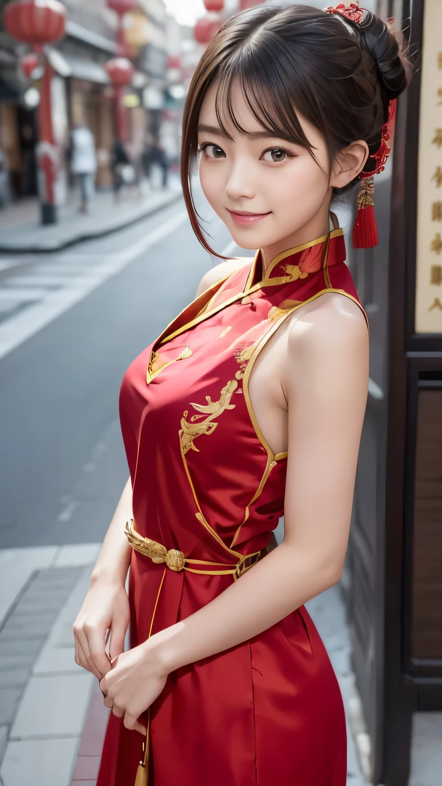 (8k, RAW photo, best quality, masterpiece:1.2), (realistic, photo-realistic:1.4), (extremely detailed 8k wallpaper), Japanese 20 age woman,she is wearing a cheongsam,The background is Chinatown,Her beautiful legs attract attention from all around her.She is embarrassed by the gaze of those around her,she is smiling,her hairstyle is a bun,
