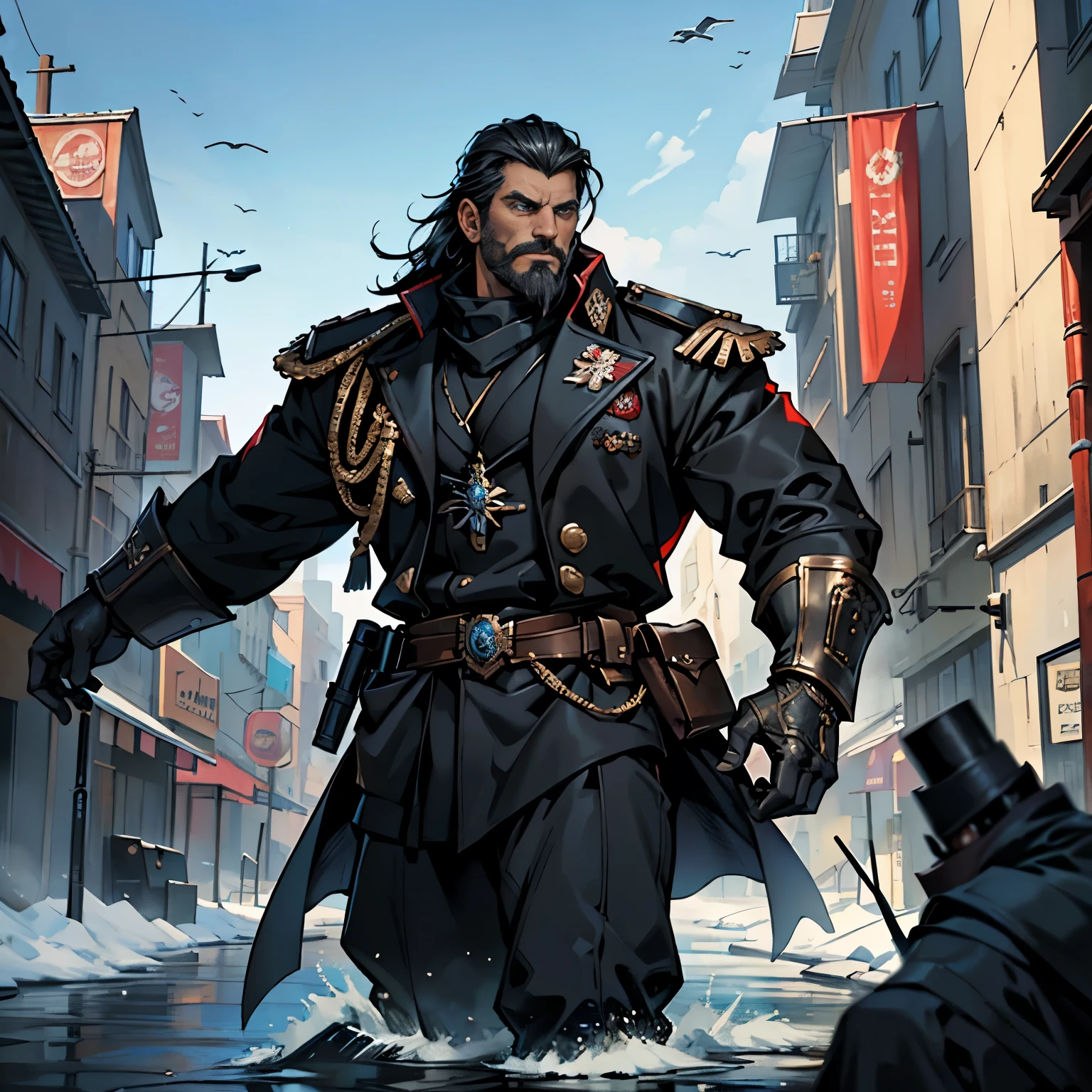 ((Best quality)), ((masterpiece)), ((realistic cartoon)), ((perfect character)):
In this stunning and highly detailed realistic cartoon, we present a male human. The man stands tall, a middle-aged man, and he's Commissar from Warhammer 40K, and powerfully built, he has long-medium raven black hair and he has a stern face. he had blue eyes, wore a black coat, a black pant, and had a strong balanced muscle body.
Every element of this masterpiece is carefully designed to create a sense of realism and immersion. The intricacies of the man's clothing, the mesmerizing effects of the area around him and he was in city in winter season, and the level of detail in his weathered face all contribute to a captivating visual experience. This artwork is presented in stunning UHD resolution, allowing you to appreciate every nuance and intricacy in breathtaking detail.
Eye level, scenic, masterpiece.
