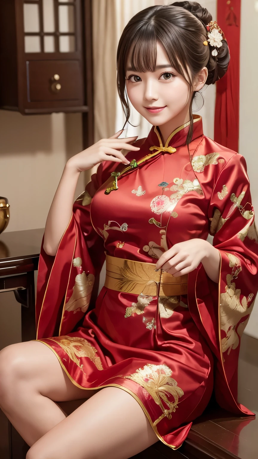 Highest quality、Highest quality、Highest Resolution、masterpiece、detailed、live-action)、
(((She flips up the hem of her flower-patterned Chinese dress with her own hands.)))、
(((Grab the hem of your floral Chinese dress with your own hands)))、
(((Wearing pantyhose up to the waist)))、
((Pantiesを見せて))、
((Pantiesが見えている))、
Panties、
bra、
1 Japanese woman、
Cute Japanese Woman、
Beautiful 20 year old Japanese woman、
Slender figure、
Super slim figure、
Small breasts、
Silver Hair、
The woman is facing the photographer、
smile、
whole body、
Standing posture、