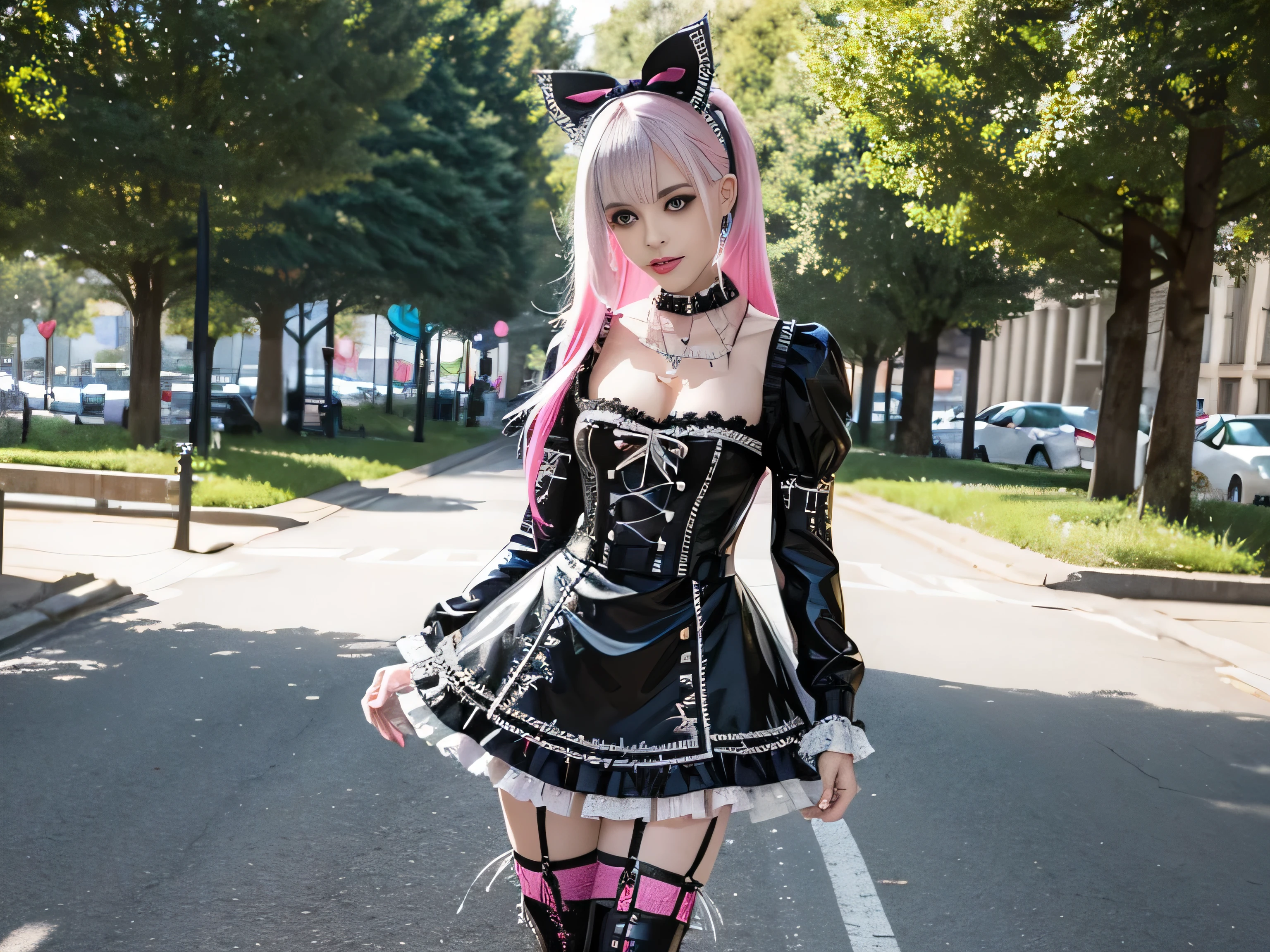 sexy stylish female model, only 1 female, ((doll-like appearance)), long dramatic stylish hair, ((shiny Punk-Style boots)), (smiling face), ultra detailed eyes, long lashes, eyeliner, ultra detailed eye-shadow, lip-gloss, ((sexy Punk Lolita cosplay)), unconventional skirt, petticoats, high neckline, ((ultra detailed lace)), ((ultra detailed embroidery)), intricate details, tartan patterns, Punk Lolita accessoires, Punk Lolita choker, ((large sparkling Punk Lolita jewelry)), cinematic light, detailed large park background with trees