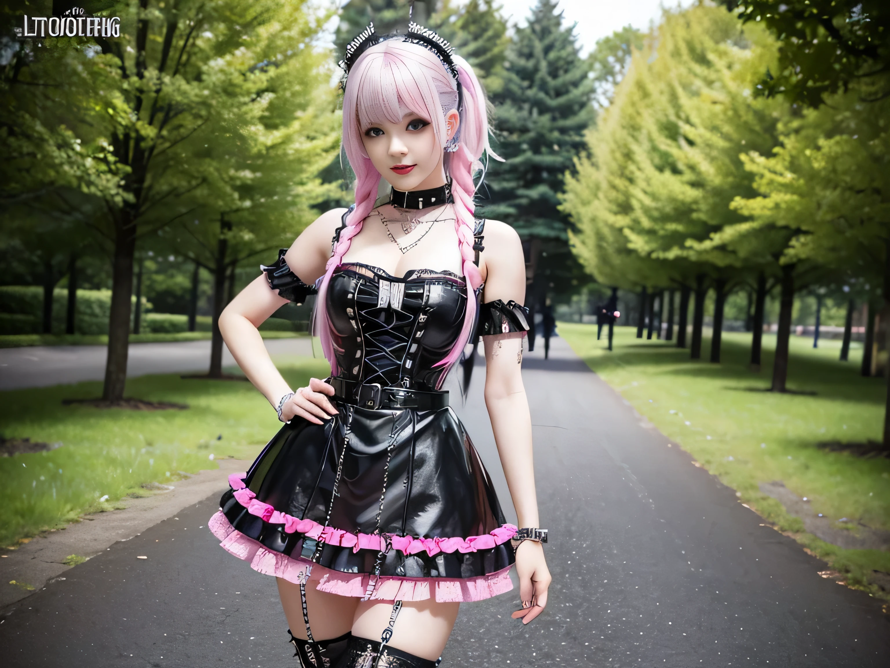 sexy stylish Swedish model, only 1 female, ((doll-like appearance)), short neon pink stylish hair, ((shiny Punk-Style boots)), (beautiful smile), ultra detailed eyes, Punk makeup, lipgloss, ((sexy Punk Lolita cosplay)), unconventional skirt, petticoats, high neckline, ((ultra detailed lace)), ((ultra detailed embroidery)), intricate details, tartan patterns, (silver chains), (silver spikes), (safety pins), Punk Lolita accessoires, Punk Lolita choker, ((large sparkling Punk Lolita jewelry)), cinematic light, detailed large park background with trees